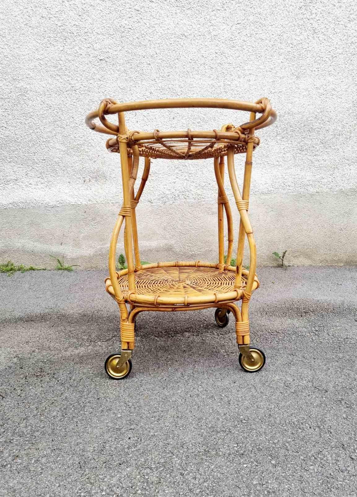 Mid-Century Modern Bamboo and Rattan Trolley Fratellino Design by Franco Albini & Franca Helg, 60s For Sale