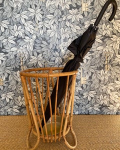 Bamboo and Rattan Umbrella Stand with Metal Drip Tray in the Style of Franco Alb