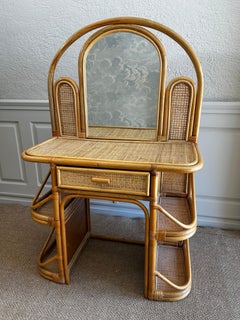 Bamboo and Rattan Vanity / Dressing Table with Drawer and Mirror, 1970's Mid-cen