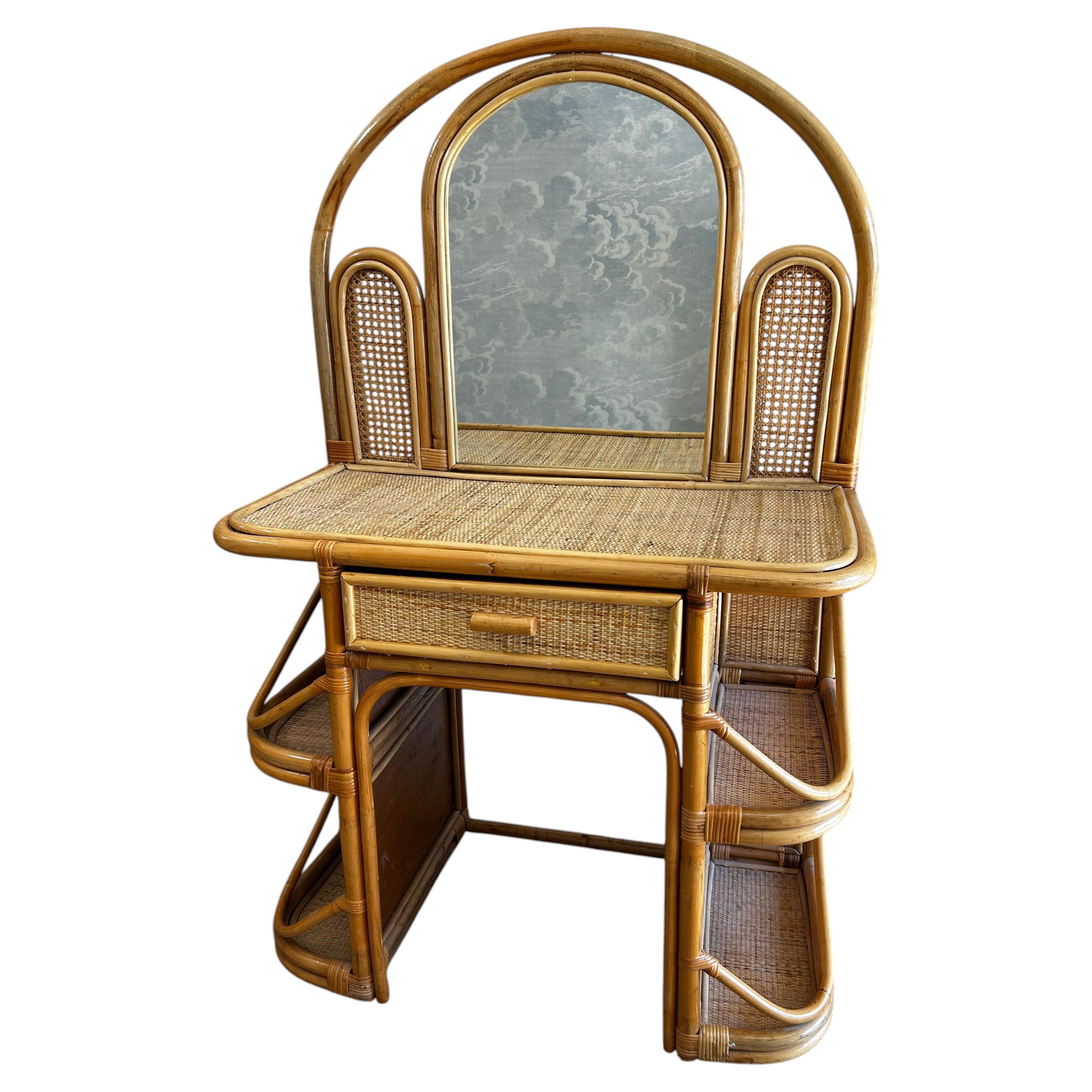 Bamboo and Rattan Vanity / Dressing Table with Drawer and Mirror, 1970's Mid-cen