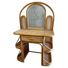 Bamboo and Rattan Vanity / Dressing Table with Drawer and Mirror, 1970's Mid-cen