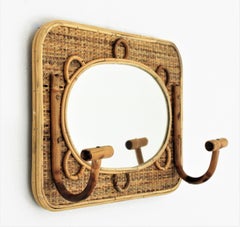 Spanish Wall Coat Rack / Wall Mirror in Rattan and Wicker Weave, 1960s