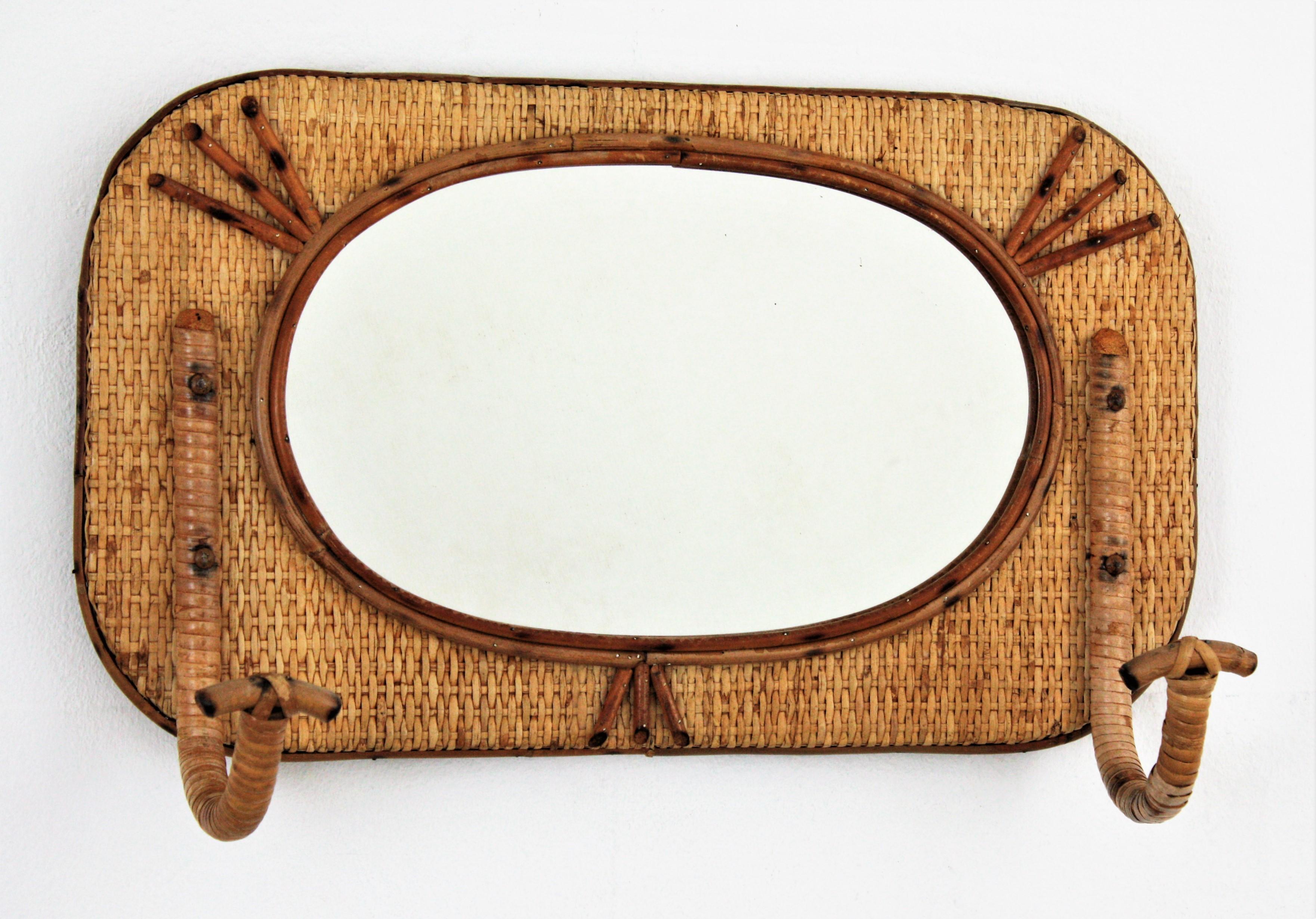 Mid-Century Modern Bamboo and Rattan Wall Coat Hanger Rack with Mirror, Spain, 1960s