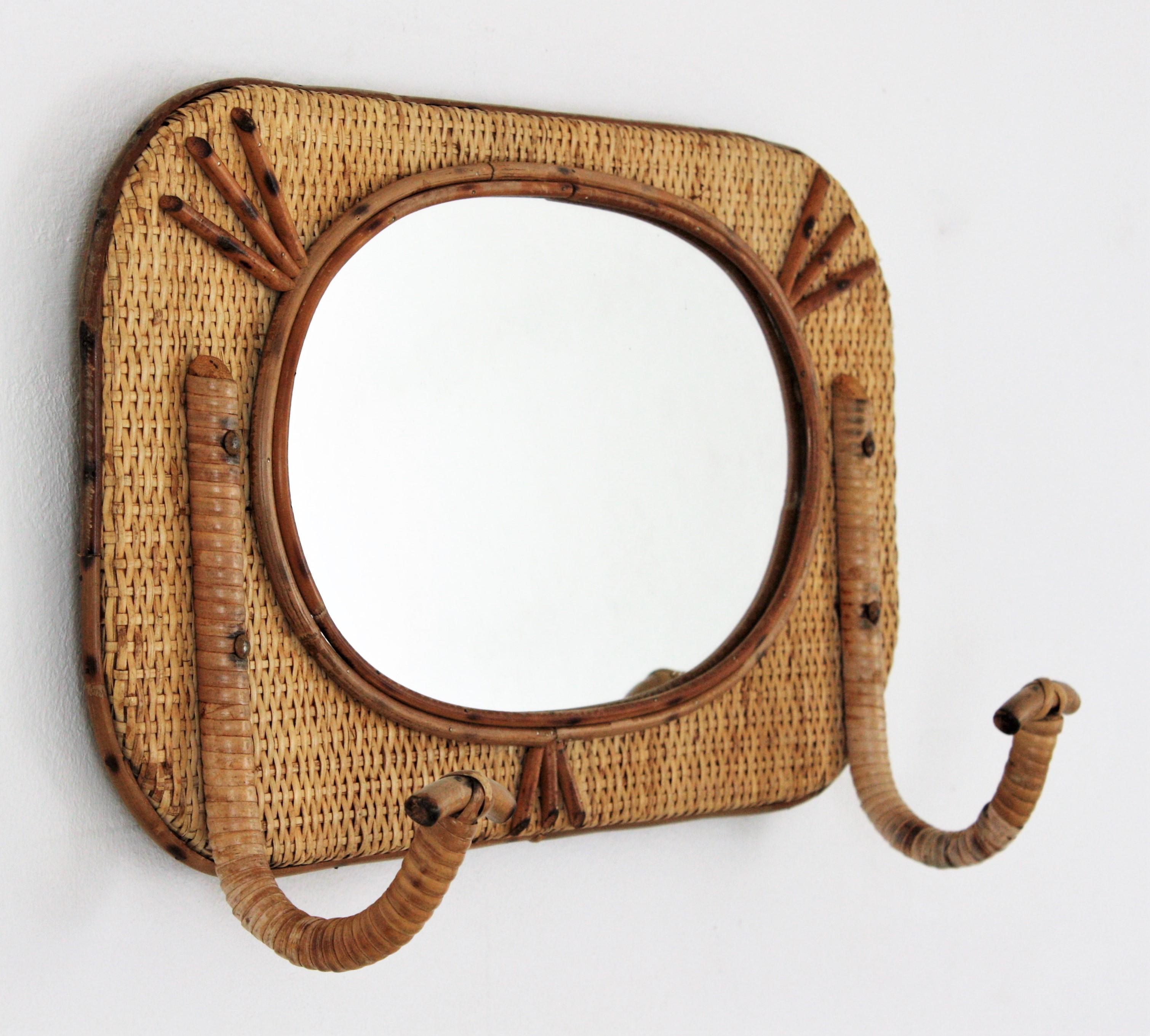 Spanish Bamboo and Rattan Wall Coat Hanger Rack with Mirror, Spain, 1960s