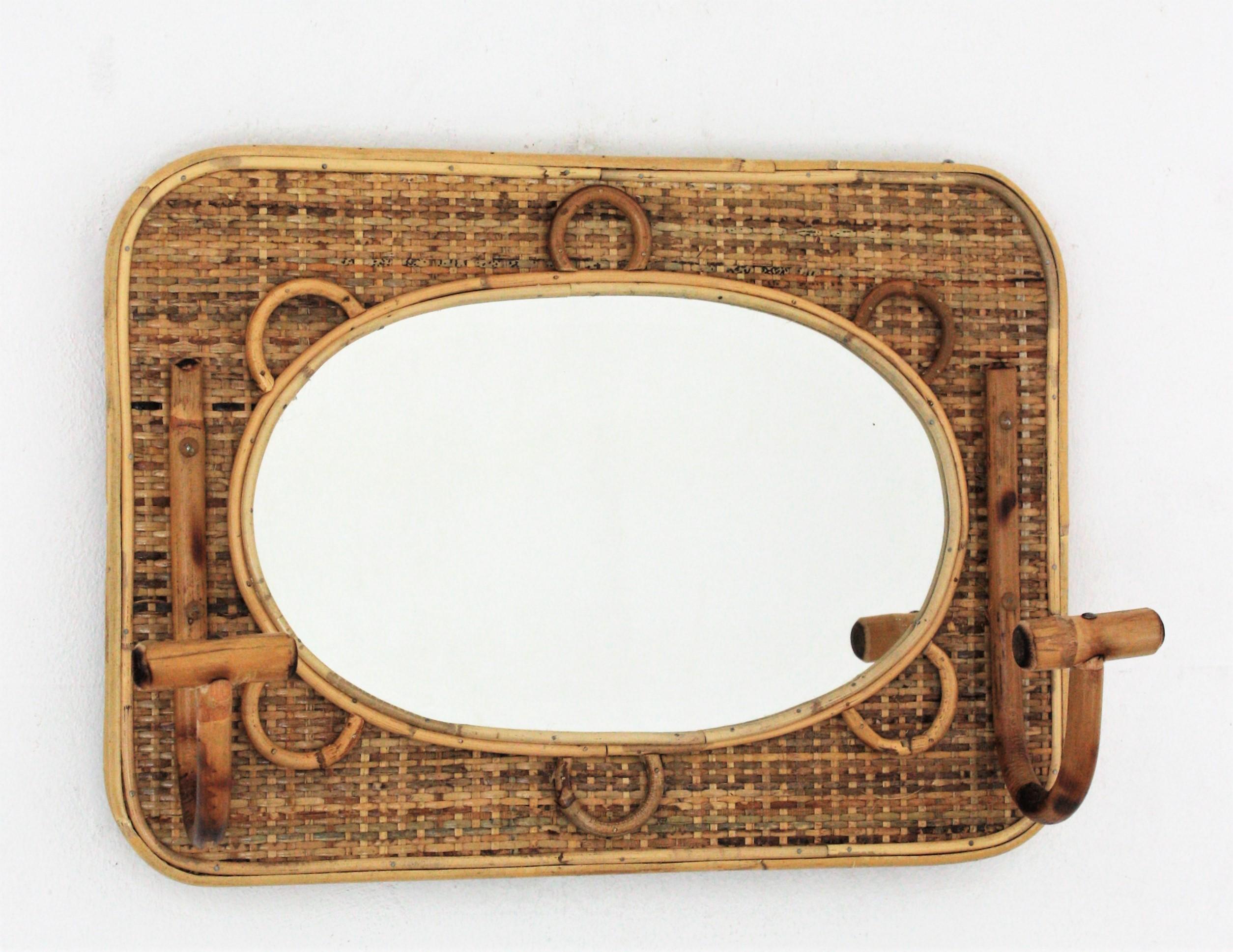 Spanish Bamboo and Rattan Wall Coat Hanger Rack with Mirror, Spain, 1960s For Sale