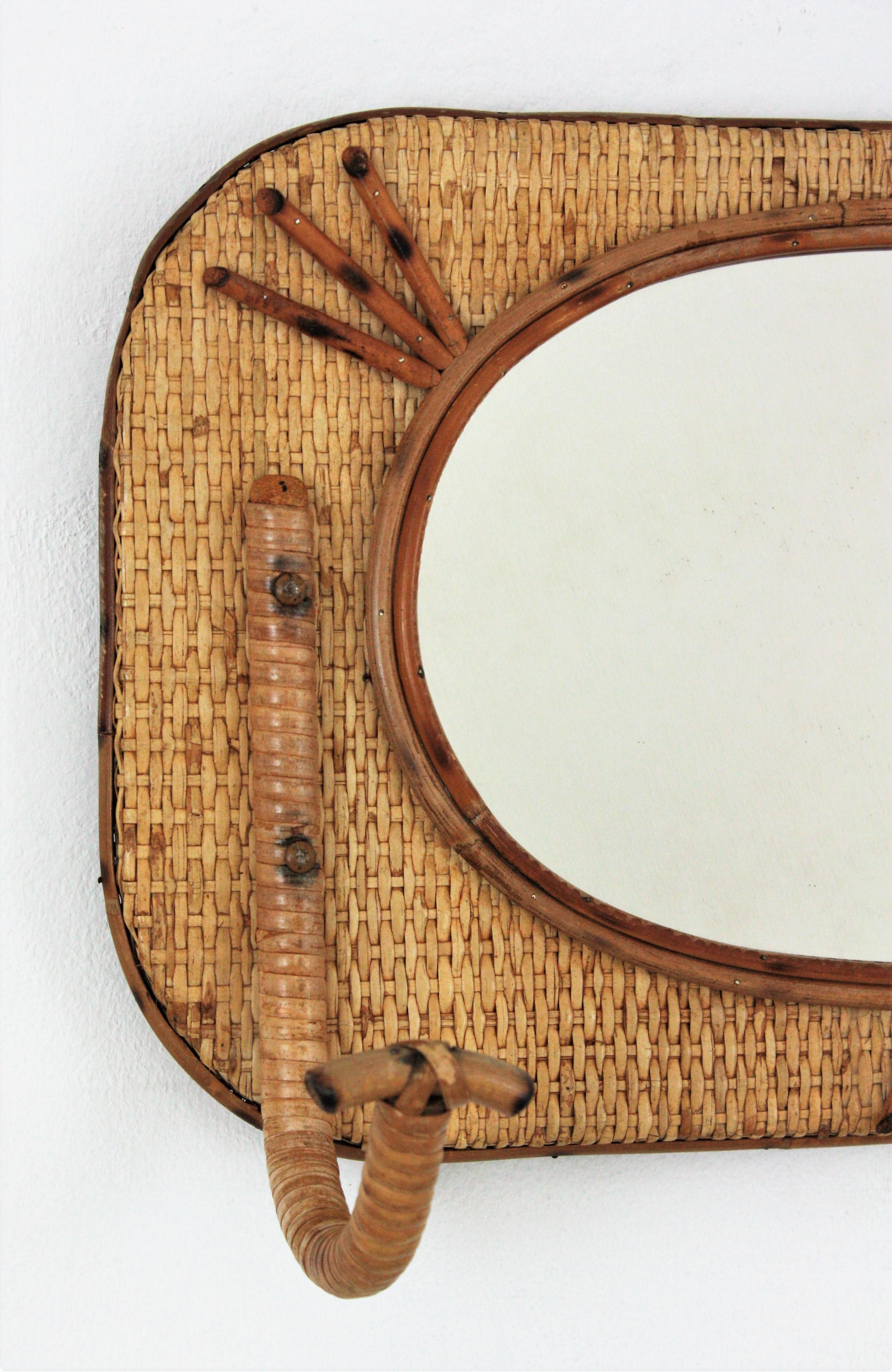 Bamboo and Rattan Wall Coat Hanger Rack with Mirror, Spain, 1960s In Good Condition In Barcelona, ES