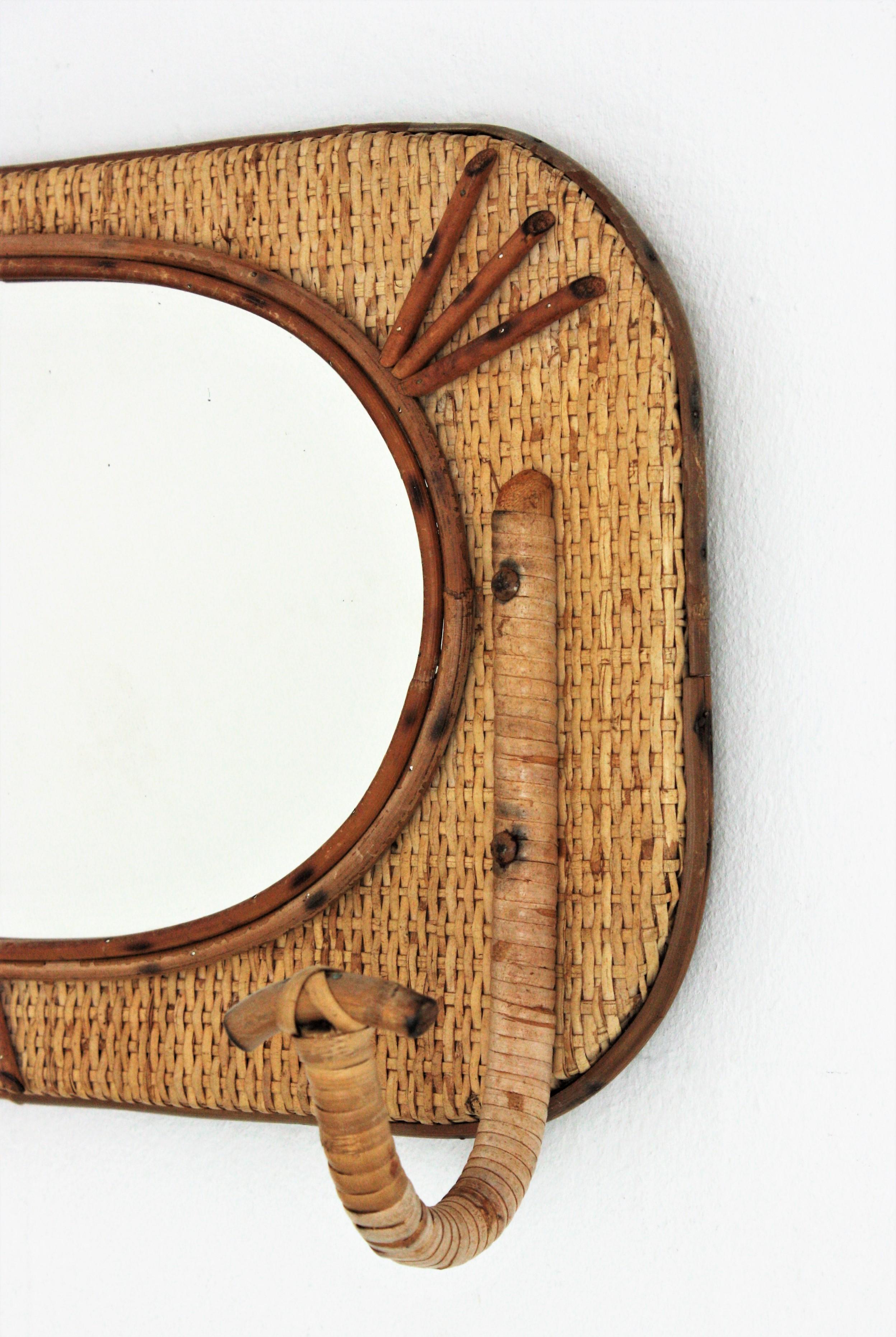 20th Century Bamboo and Rattan Wall Coat Hanger Rack with Mirror, Spain, 1960s