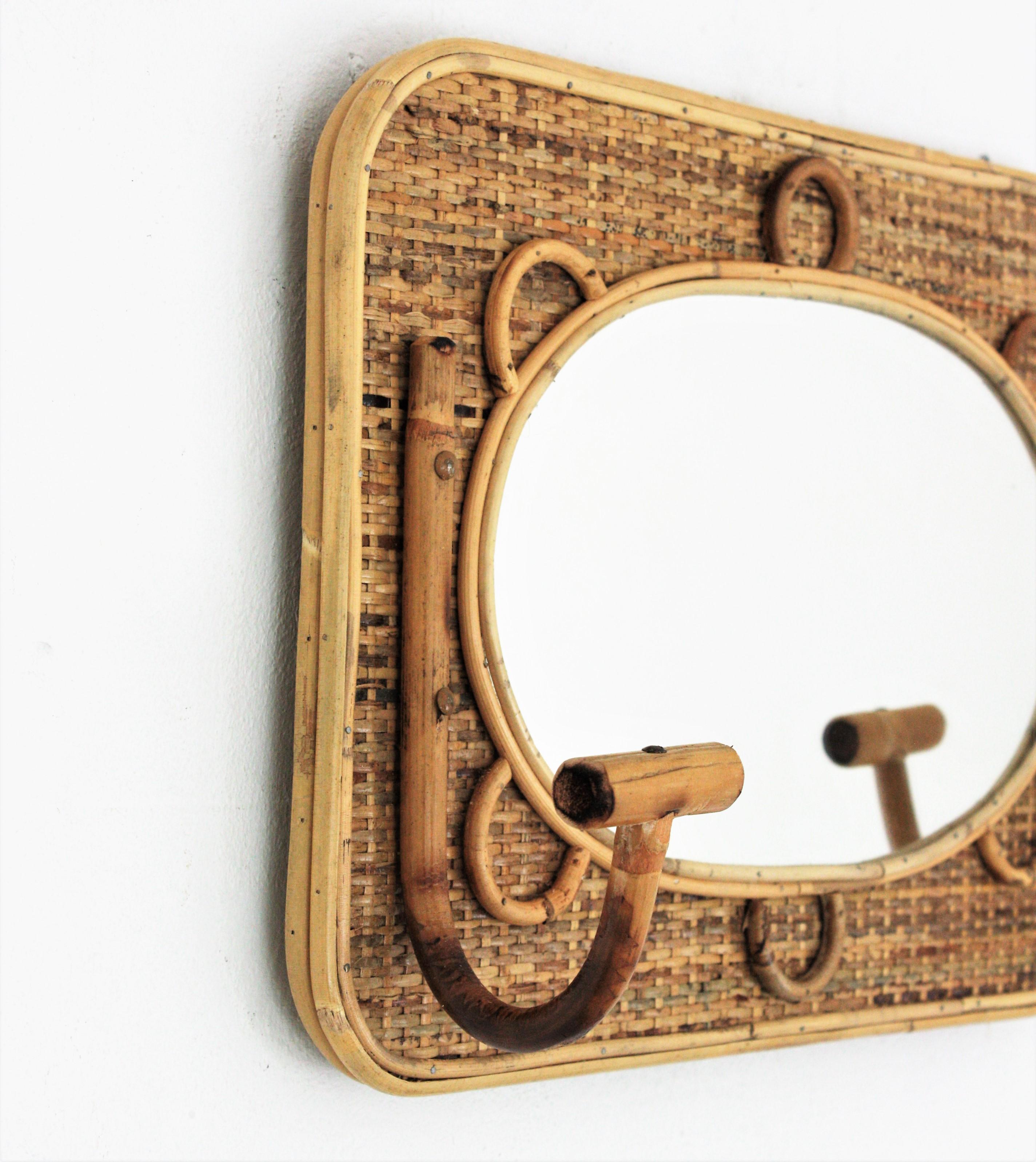 20th Century Bamboo and Rattan Wall Coat Hanger Rack with Mirror, Spain, 1960s For Sale