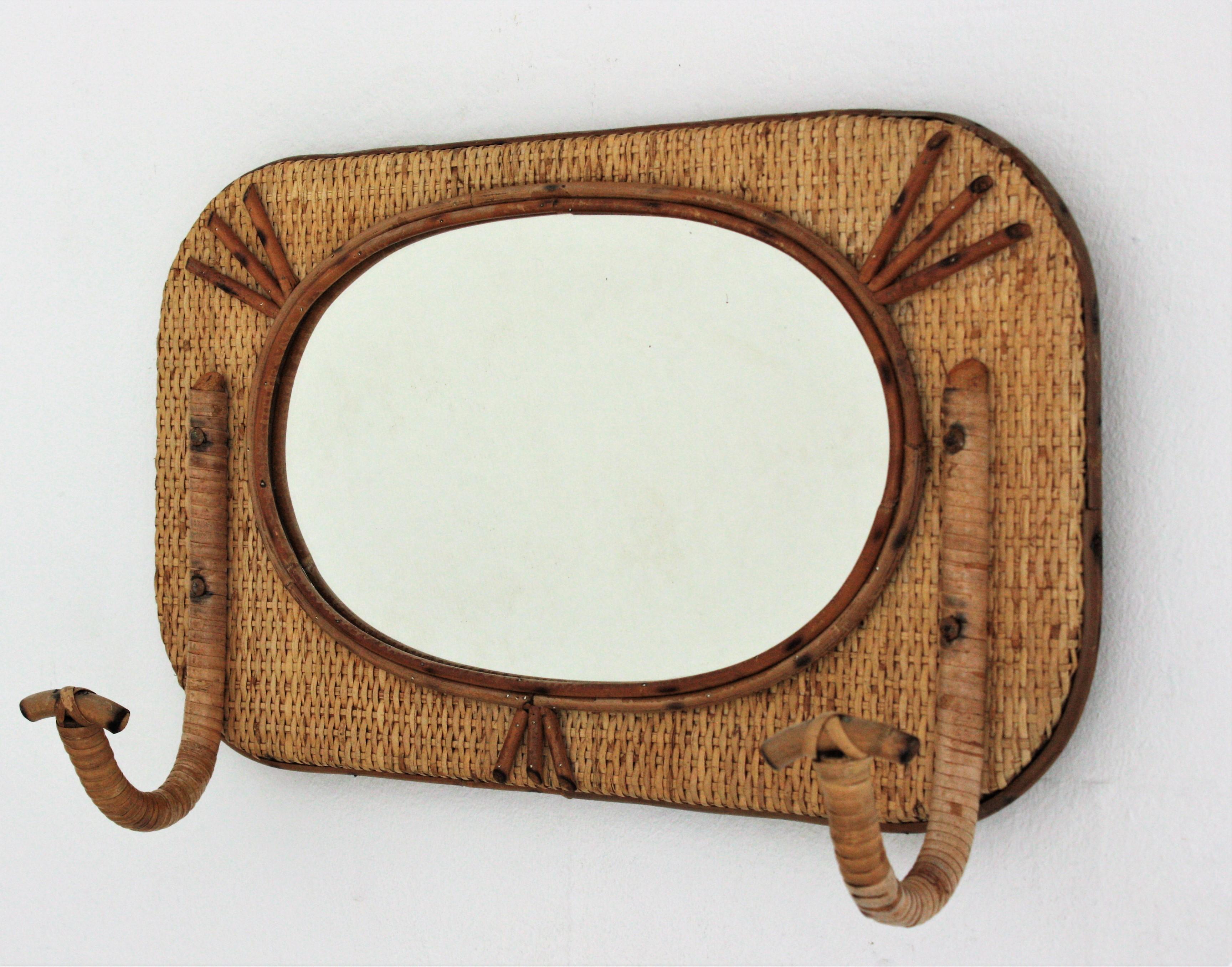 Bamboo and Rattan Wall Coat Hanger Rack with Mirror, Spain, 1960s 1