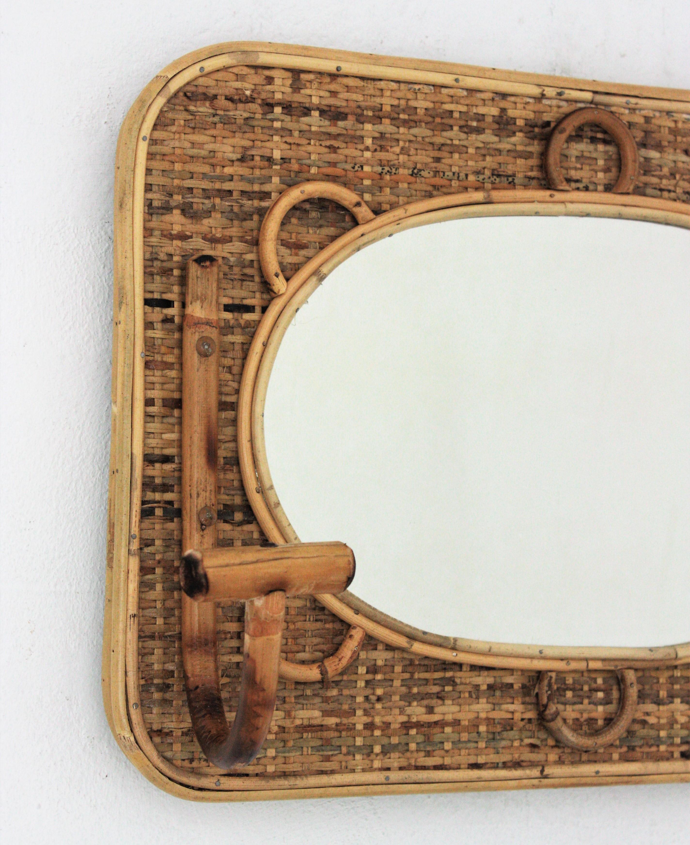 Bamboo and Rattan Wall Coat Hanger Rack with Mirror, Spain, 1960s For Sale 1