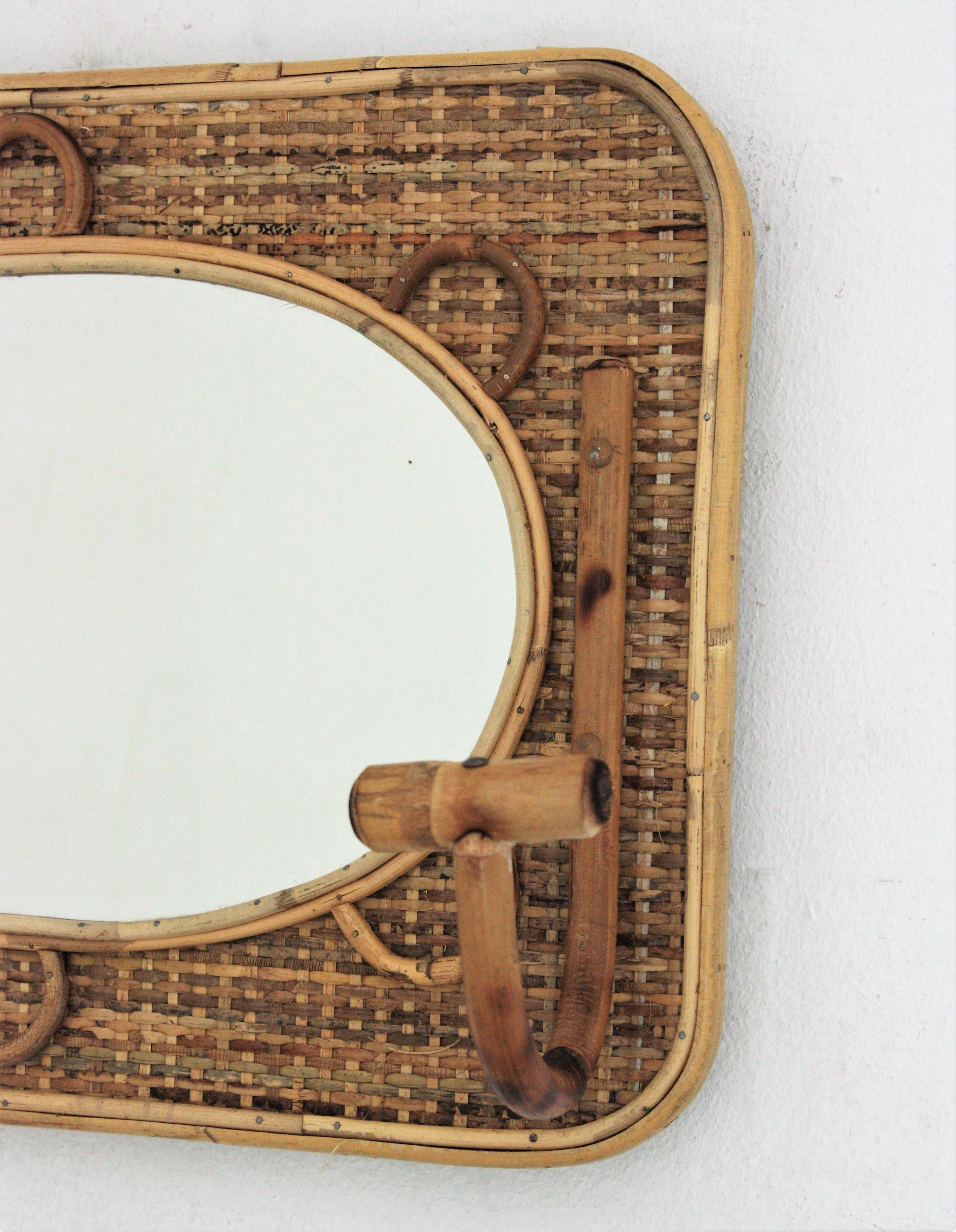 Bamboo and Rattan Wall Coat Hanger Rack with Mirror, Spain, 1960s For Sale 2