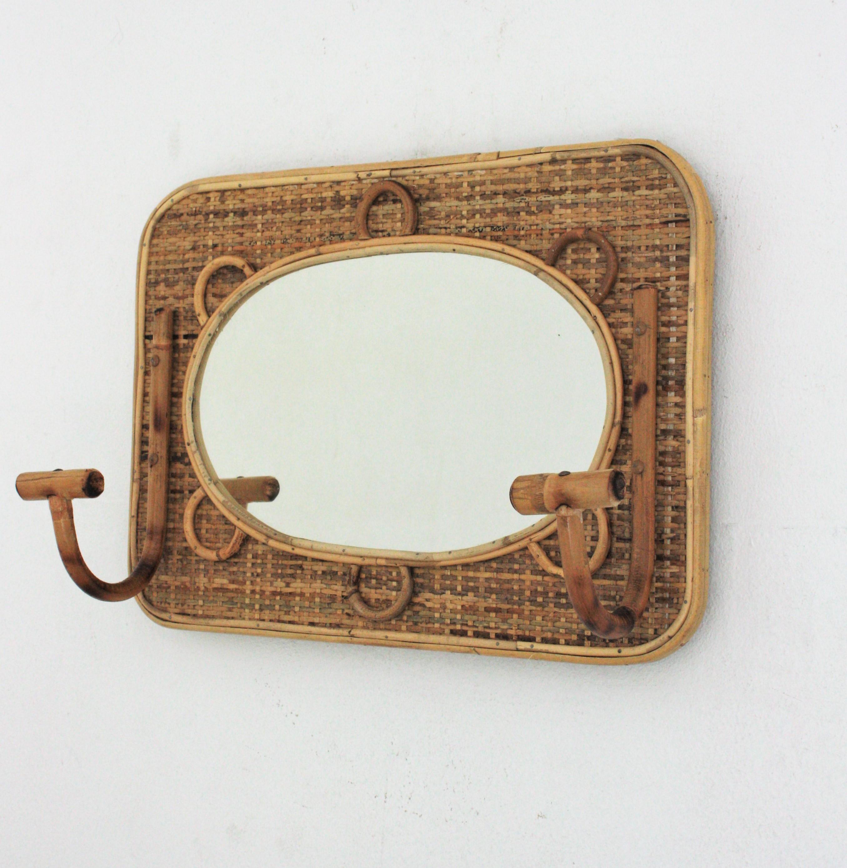 Bamboo and Rattan Wall Coat Hanger Rack with Mirror, Spain, 1960s For Sale 3