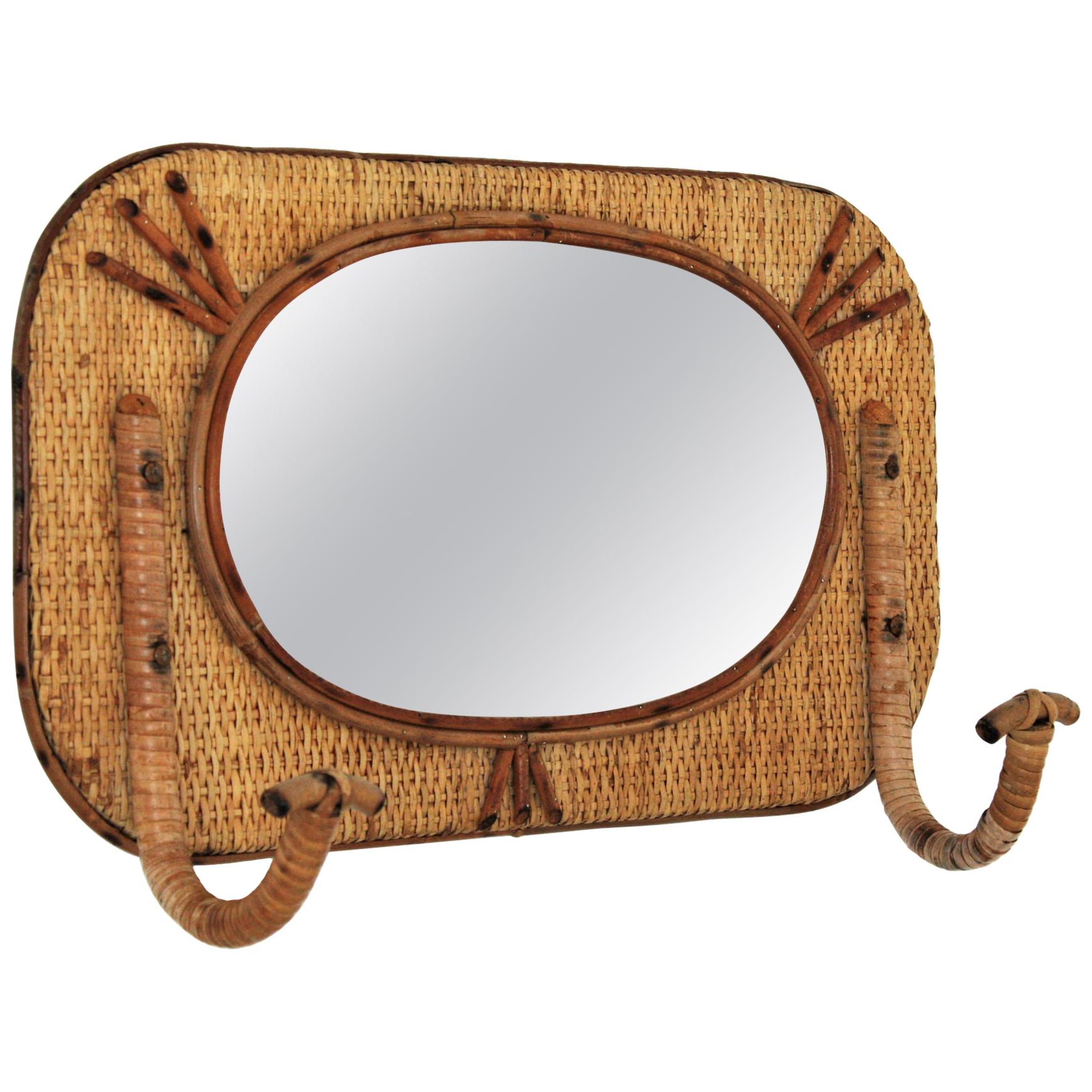 Bamboo and Rattan Wall Coat Hanger Rack with Mirror, Spain, 1960s
