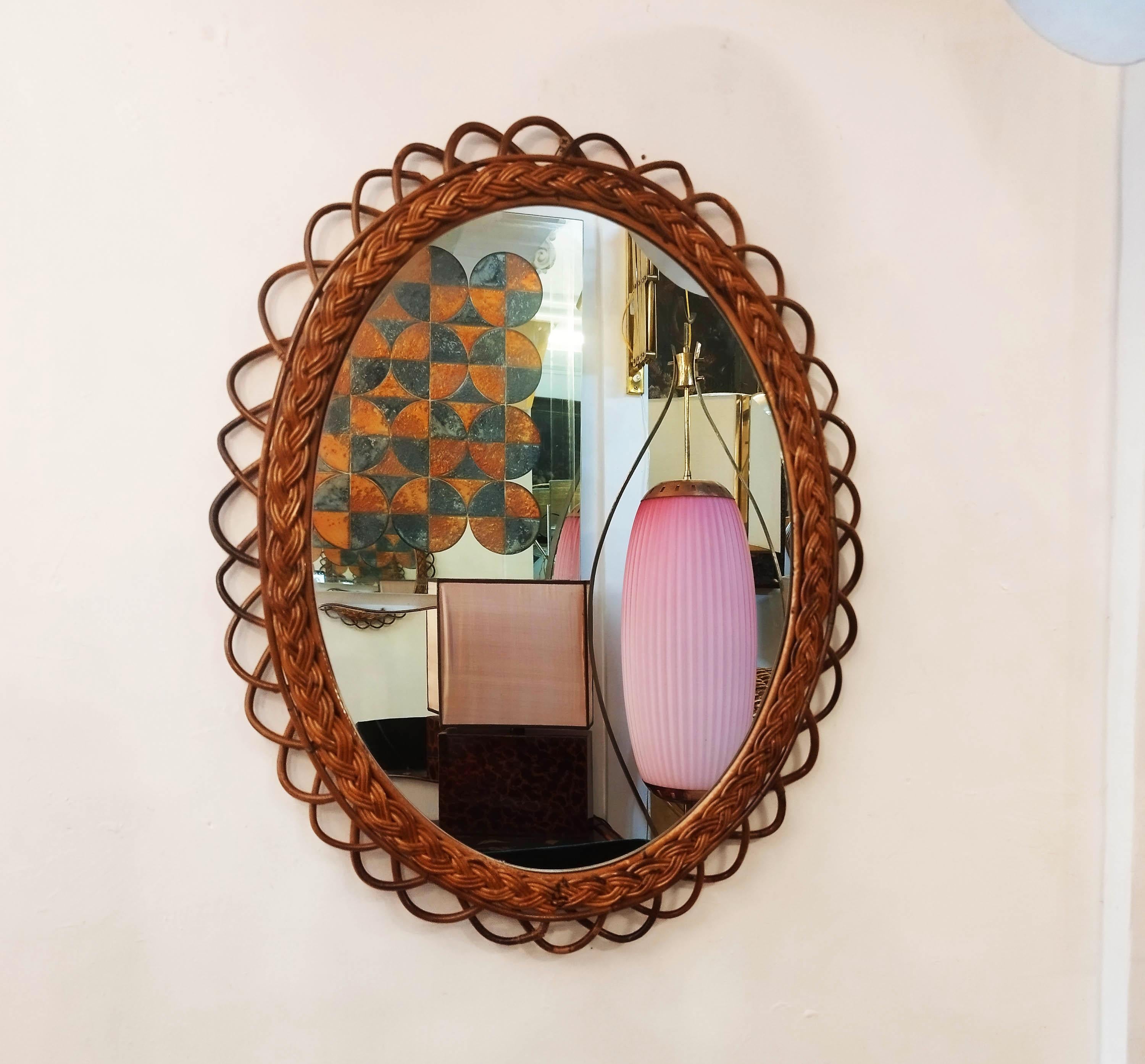 Milieu du XXe siècle Miroir mural en bambou et rotin, Italie, années 1960 en vente