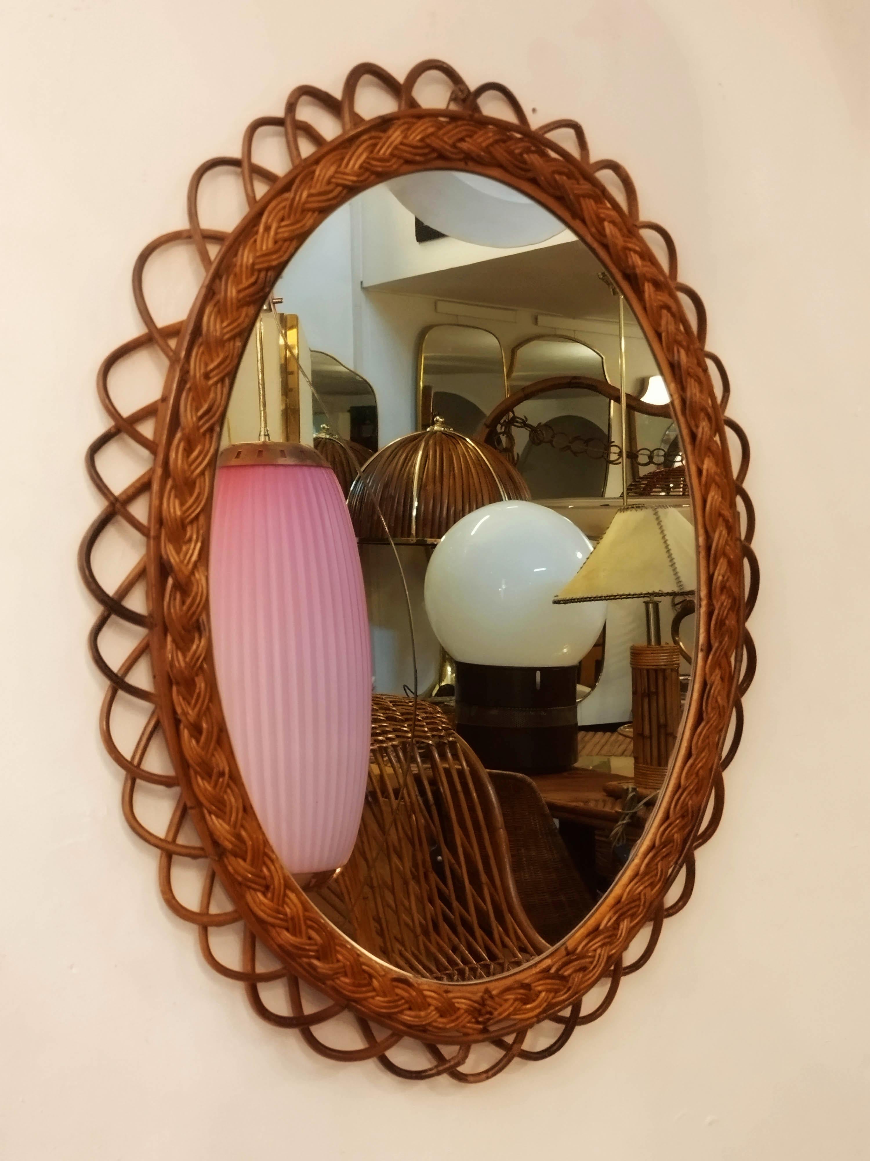 Bambou Miroir mural en bambou et rotin, Italie, années 1960 en vente