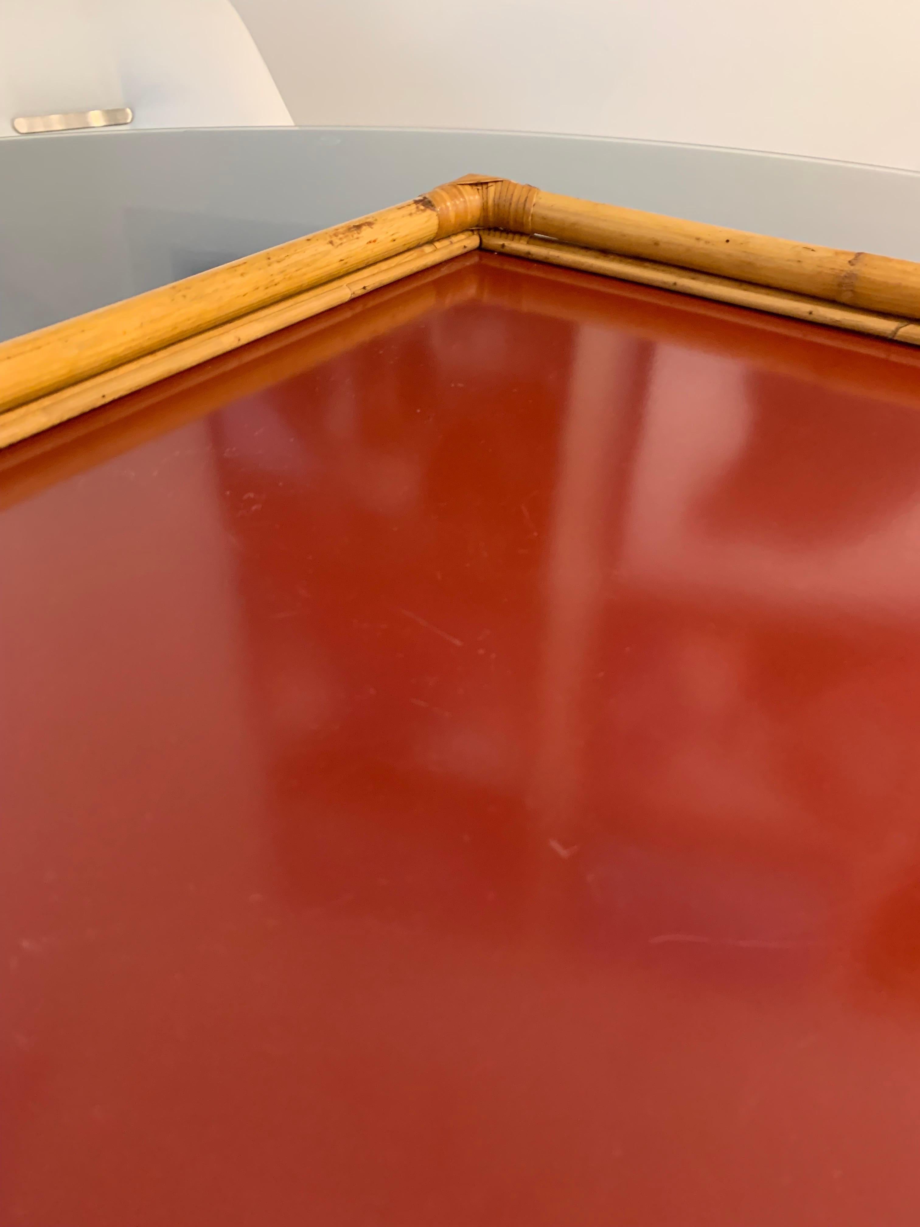 European Bamboo and Red Lucite Serving Tray, Signed, Italy, 1970s For Sale