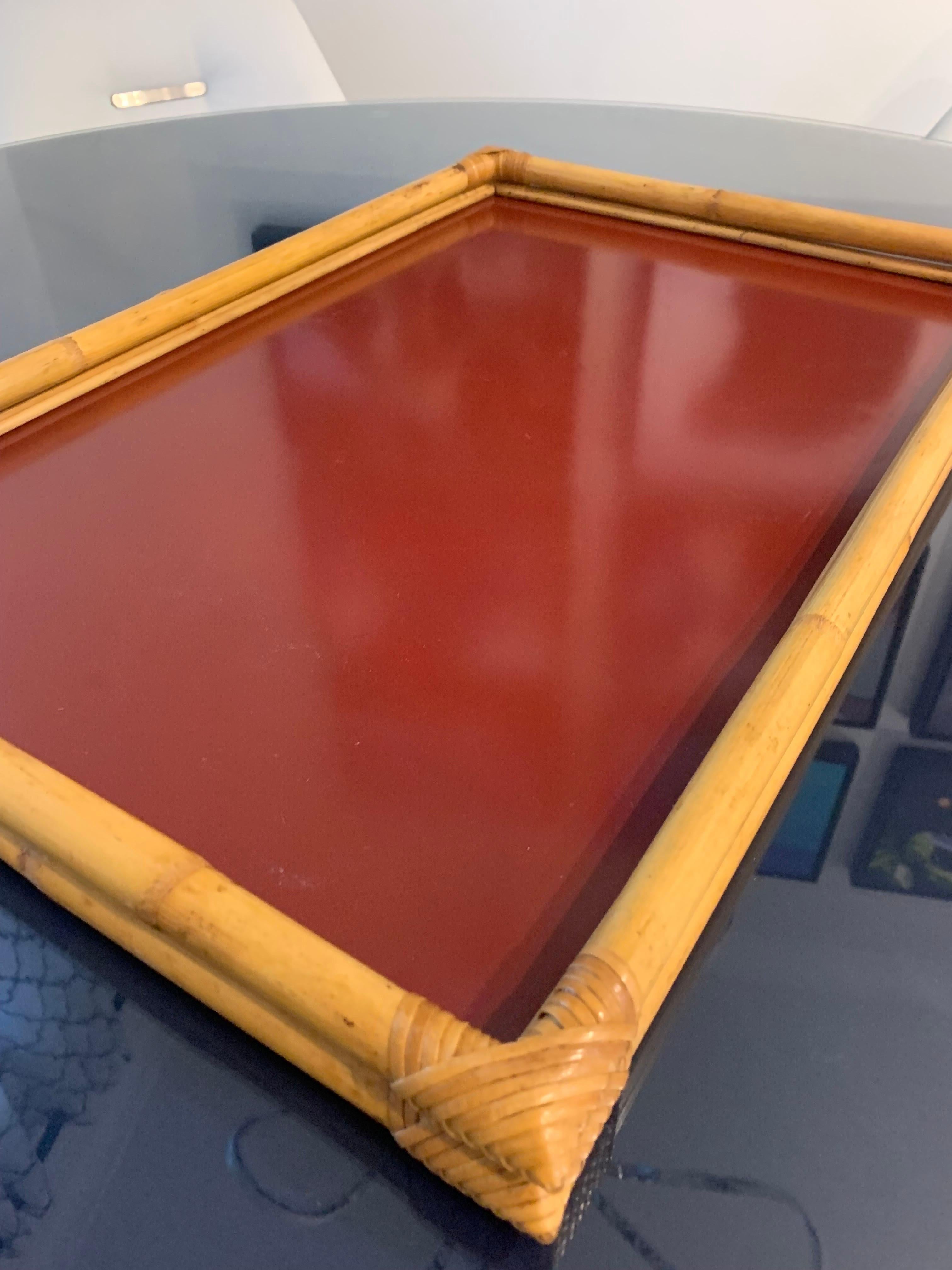 20th Century Bamboo and Red Lucite Serving Tray, Signed, Italy, 1970s For Sale