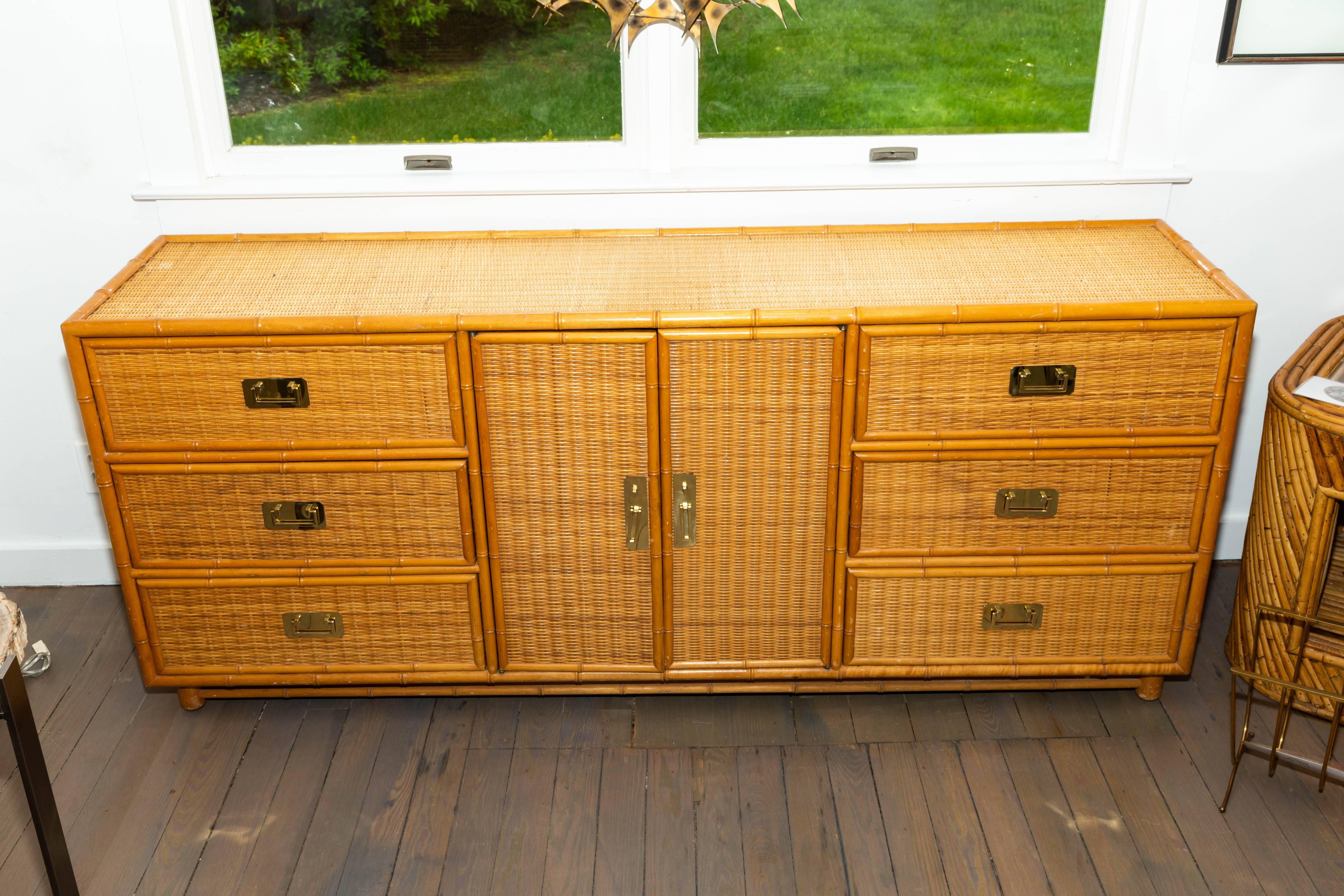 American Bamboo and Reed Cabinet with Brass Hardware For Sale