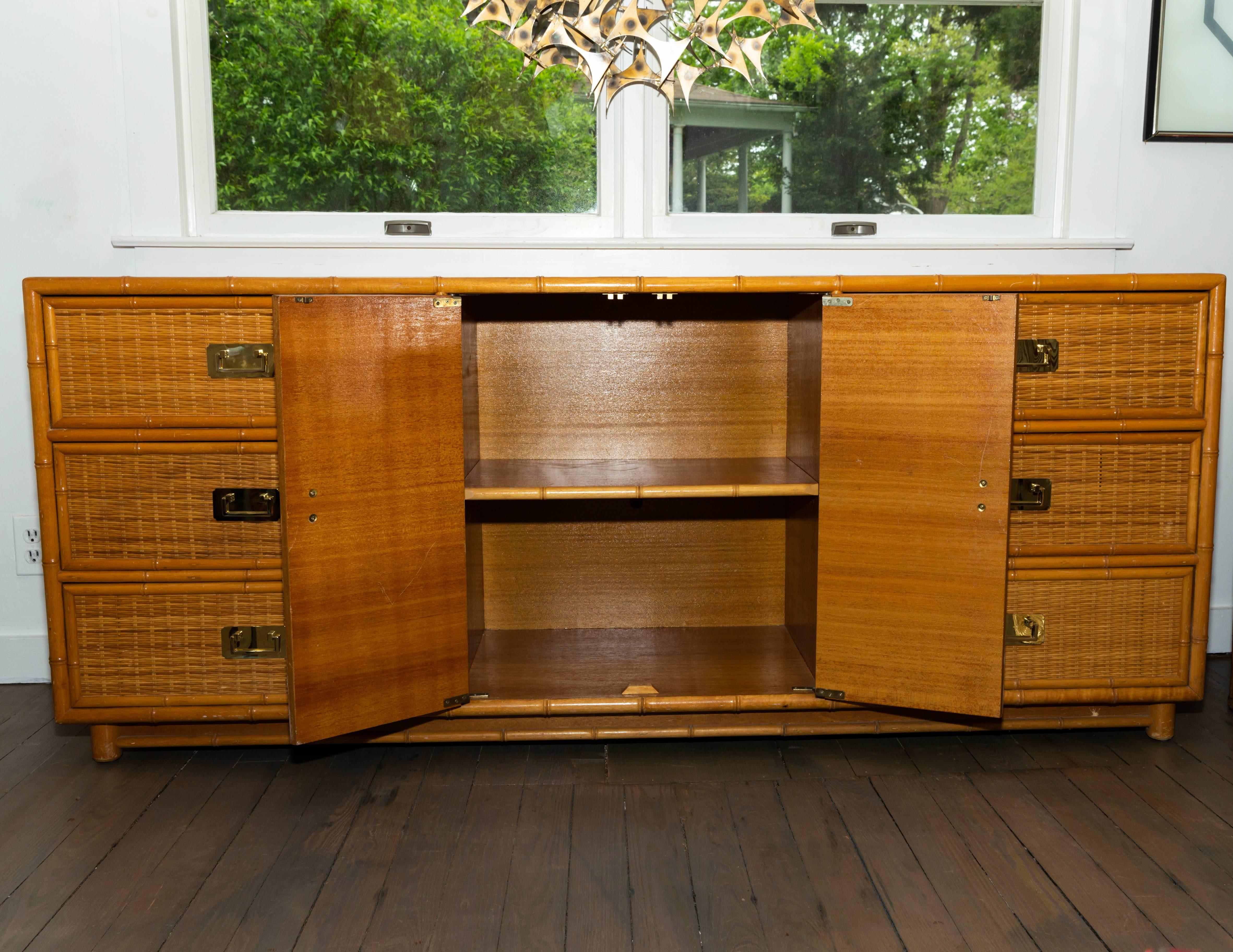 Bamboo and Reed Cabinet with Brass Hardware In Good Condition For Sale In Bridgehampton, NY