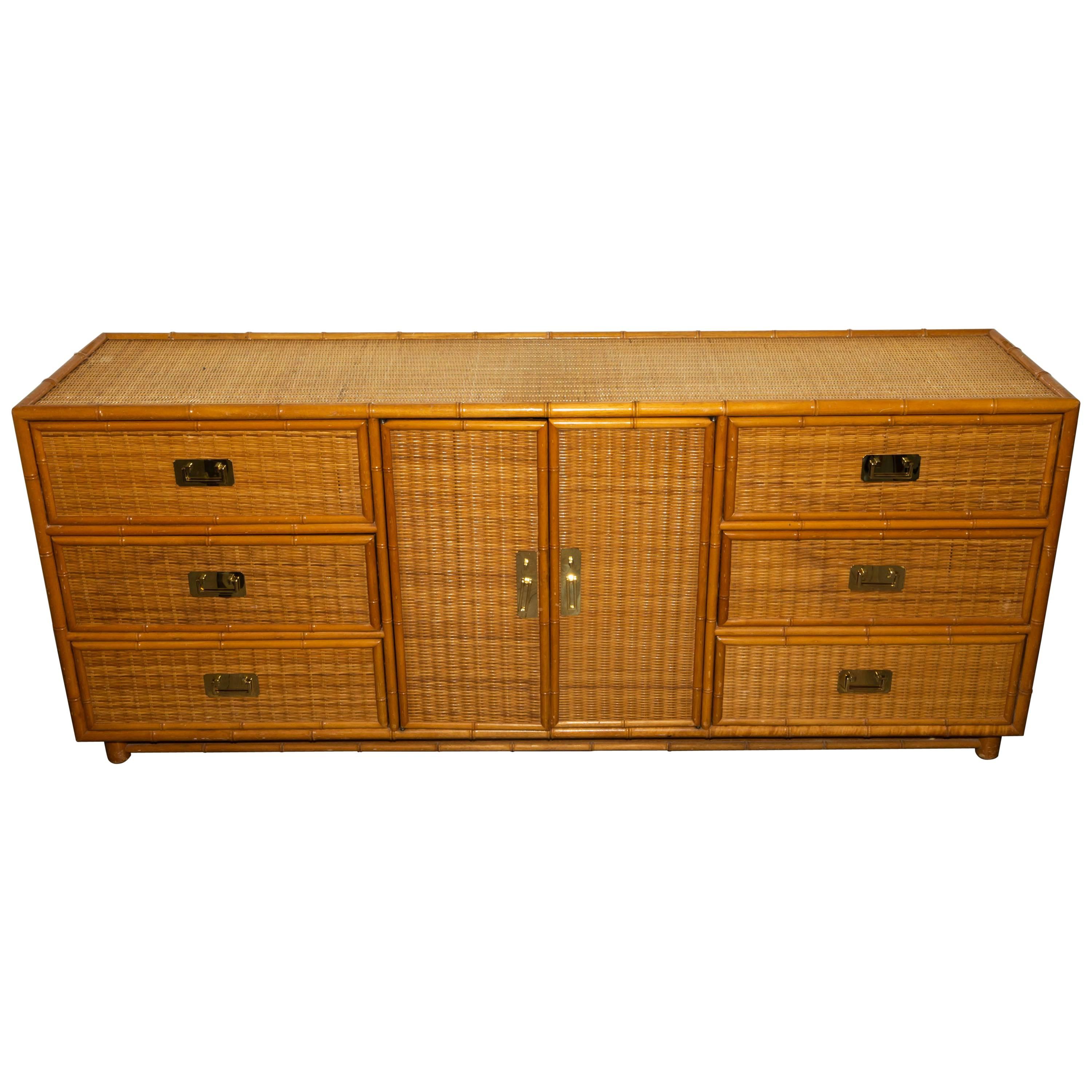 Bamboo and Reed Cabinet with Brass Hardware For Sale