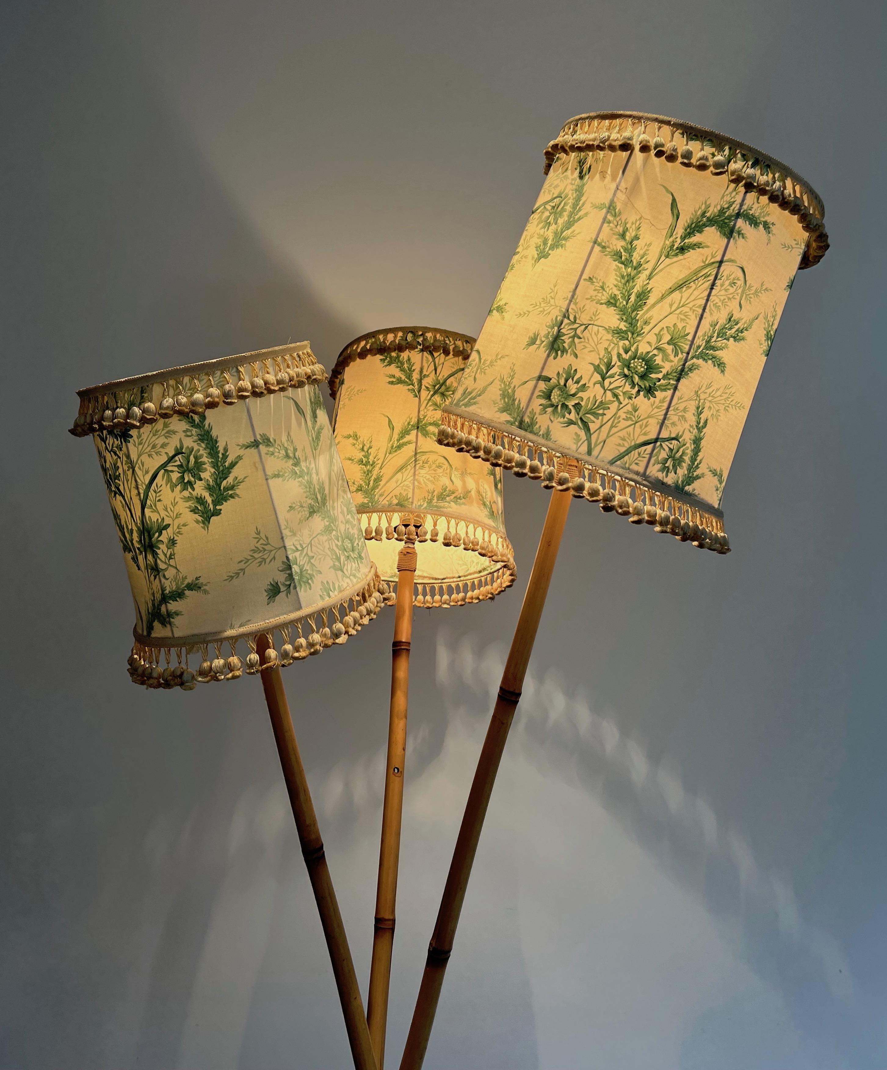 Bamboo and Rope 3 Lights Floor Lamp, French Work in the Style of Audoux Minet For Sale 9