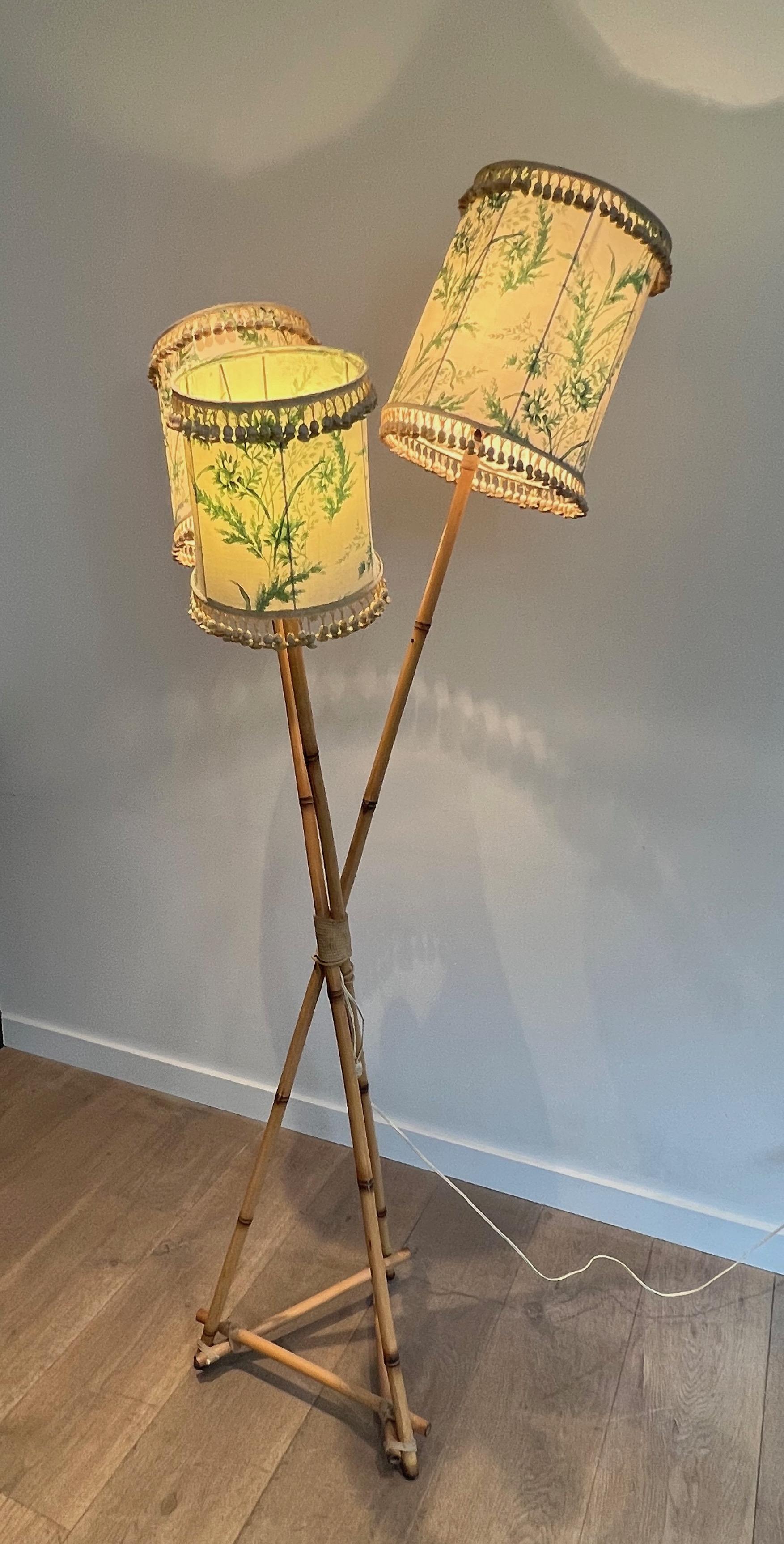 Bamboo and Rope 3 Lights Floor Lamp, French Work in the Style of Audoux Minet For Sale 14