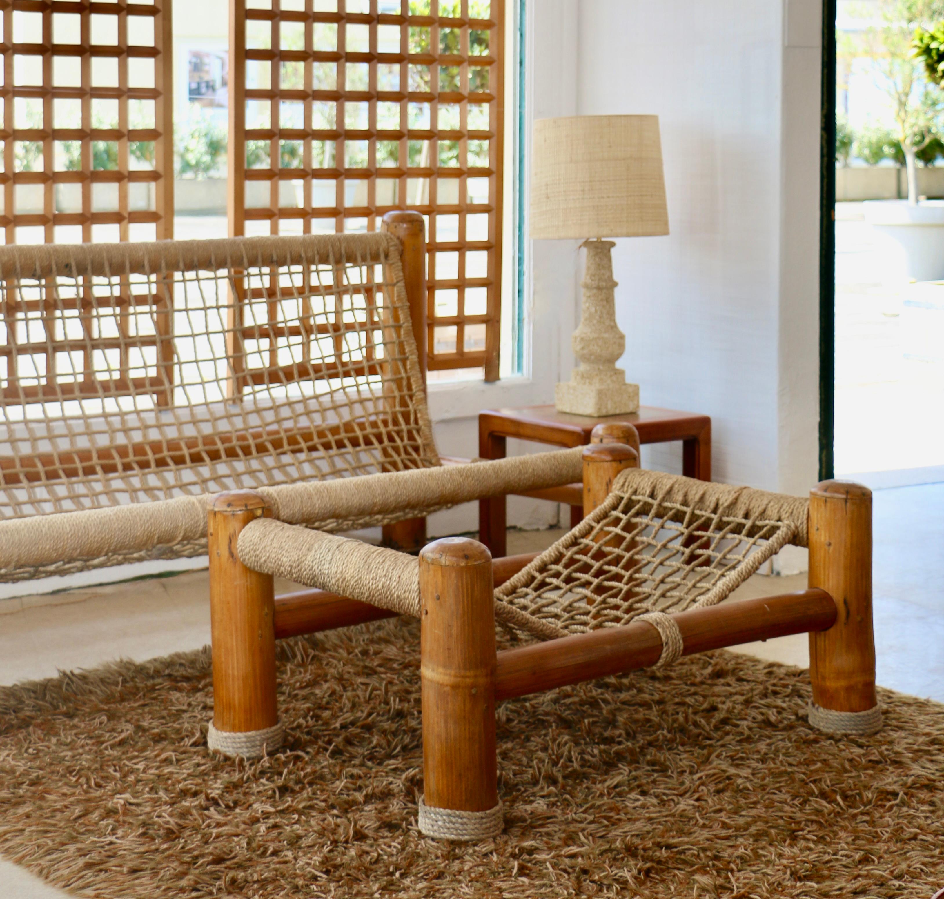 Bamboo and Rope Set Composed of a Large Sofa Two Armchairs and a Coffee Table For Sale 4