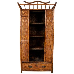 Antique Bamboo and Seagrass Victorian Armoire with Open Shelves