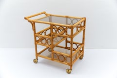 Bamboo and Smoked Glass Bar Cart Serving Trolley with Bottle Holder, 1950s Italy