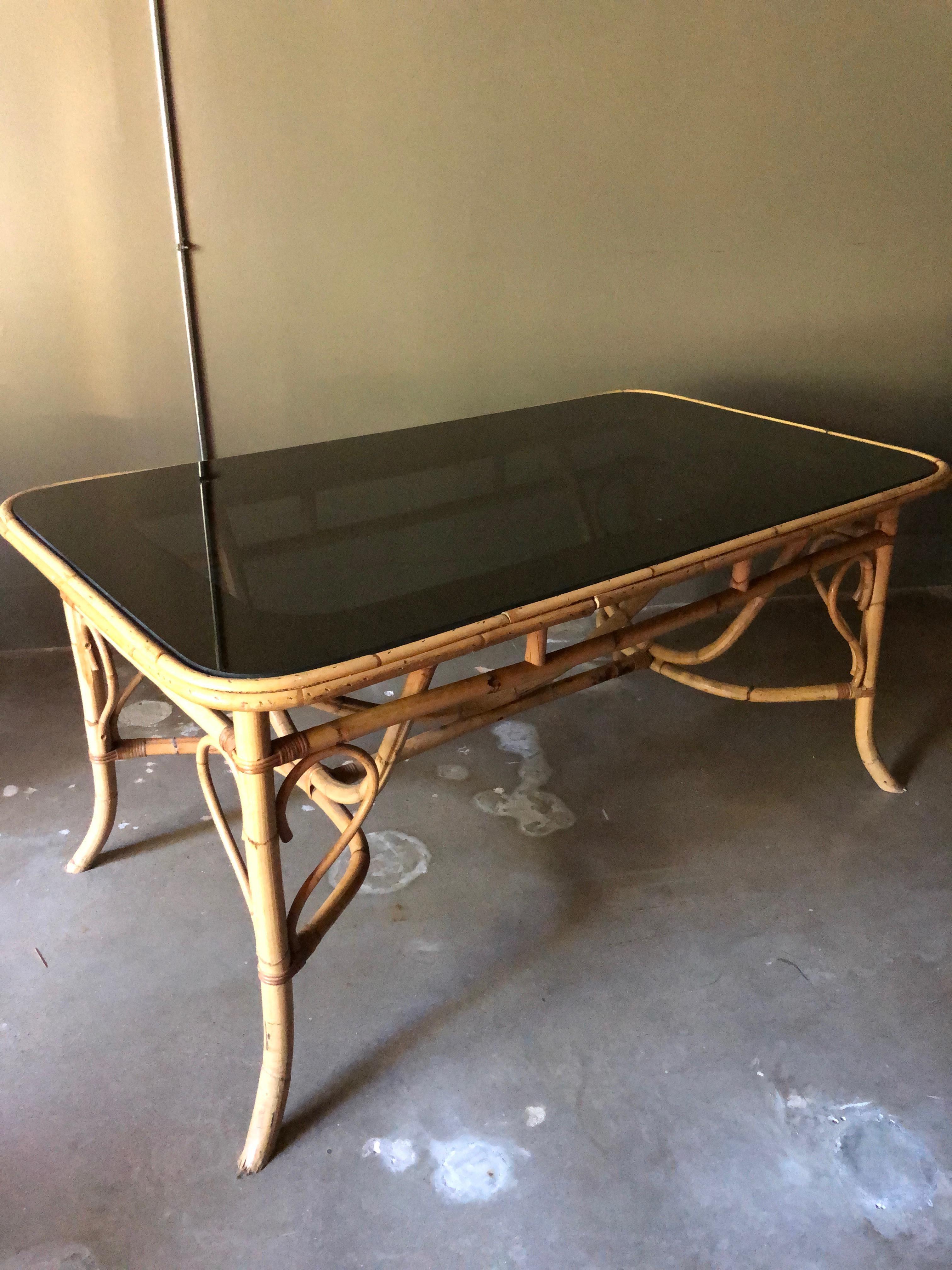 Bamboo and Smoked Glass Dining Table, 1970s In Fair Condition In Austin, TX
