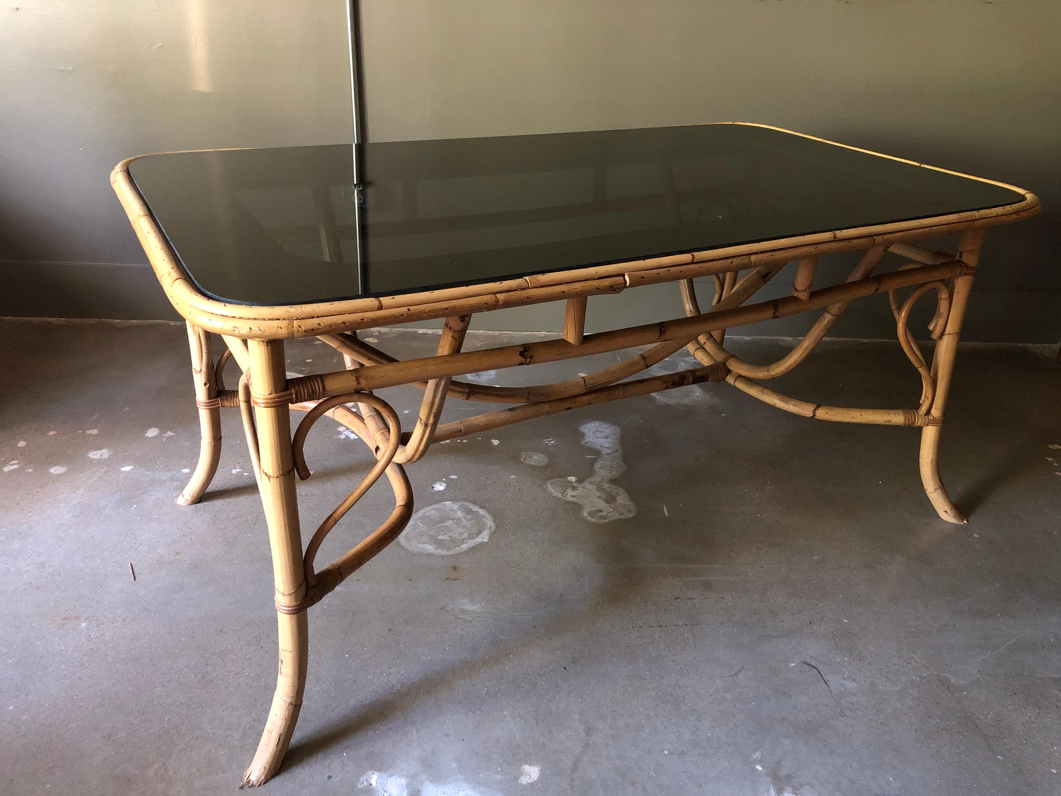 Late 20th Century Bamboo and Smoked Glass Dining Table, 1970s