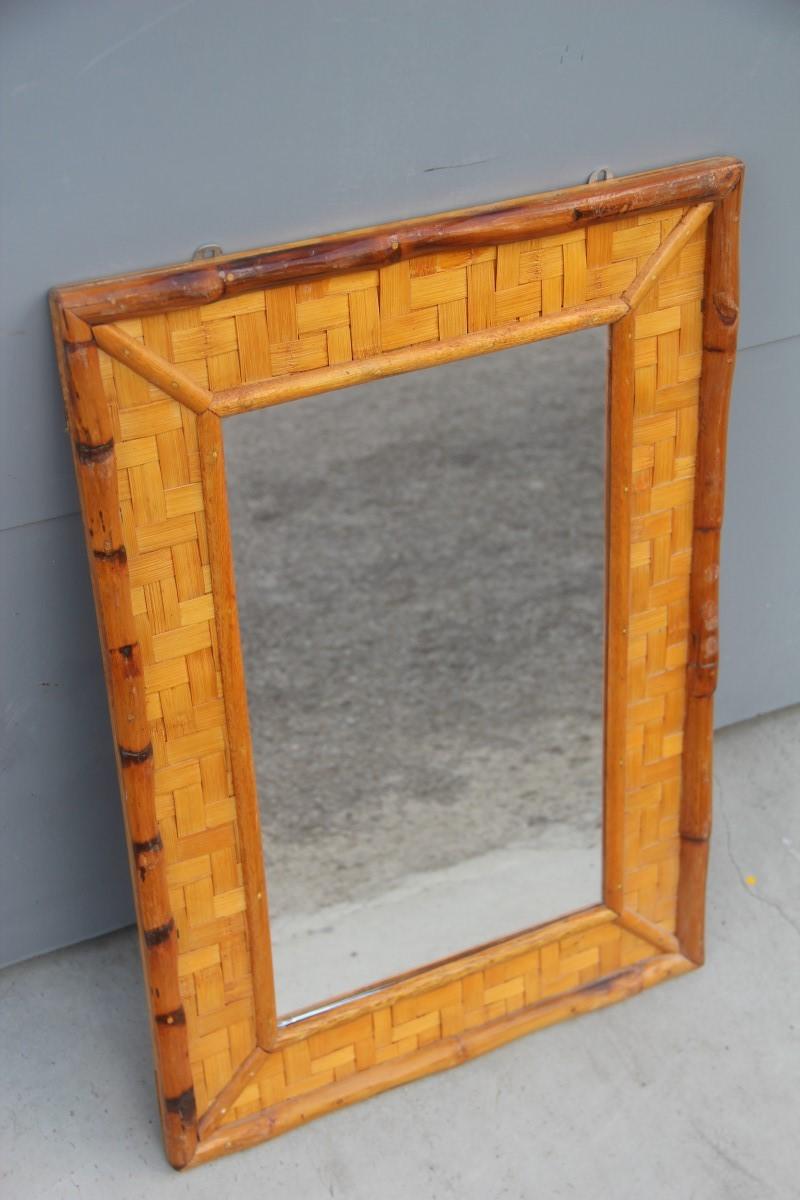 Mid-Century Modern Bamboo and Straw Mirror from the 1960s Italian Design Beige Brown Clear For Sale