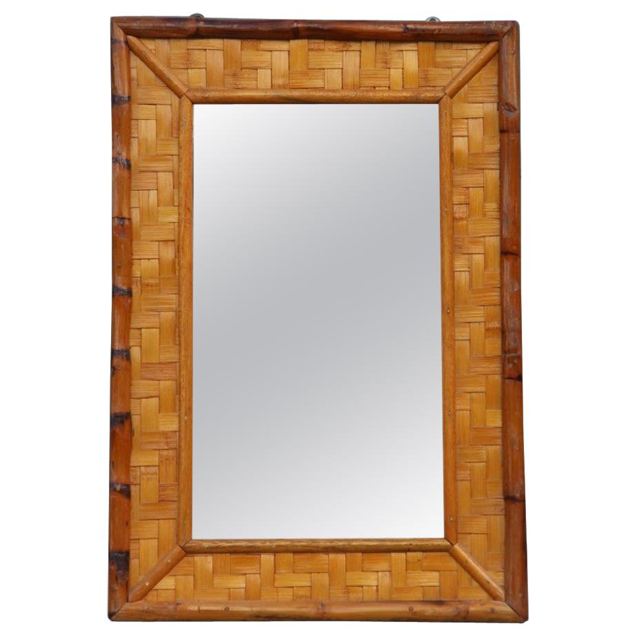 Bamboo and Straw Mirror from the 1960s Italian Design Beige Brown Clear For Sale