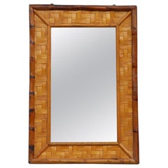 Specchio in bambù e paglia degli anni '60 Design italiano Beige Brown Clear