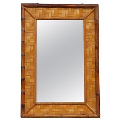 Bamboo and Straw Mirror from the 1960s Italian Design Beige Brown Clear