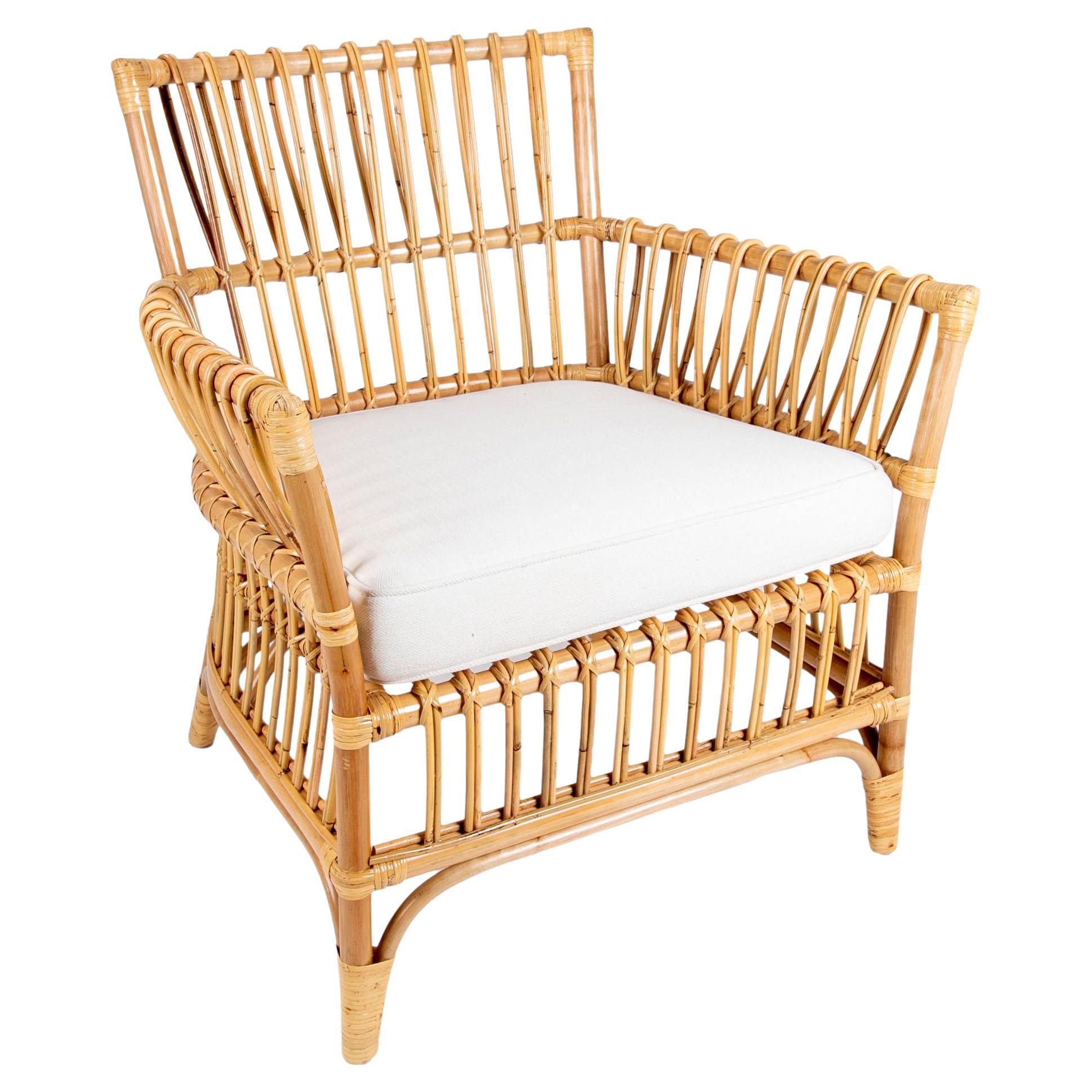 Bamboo and Wicker Armchairs with White Cushion For Sale at 1stDibs