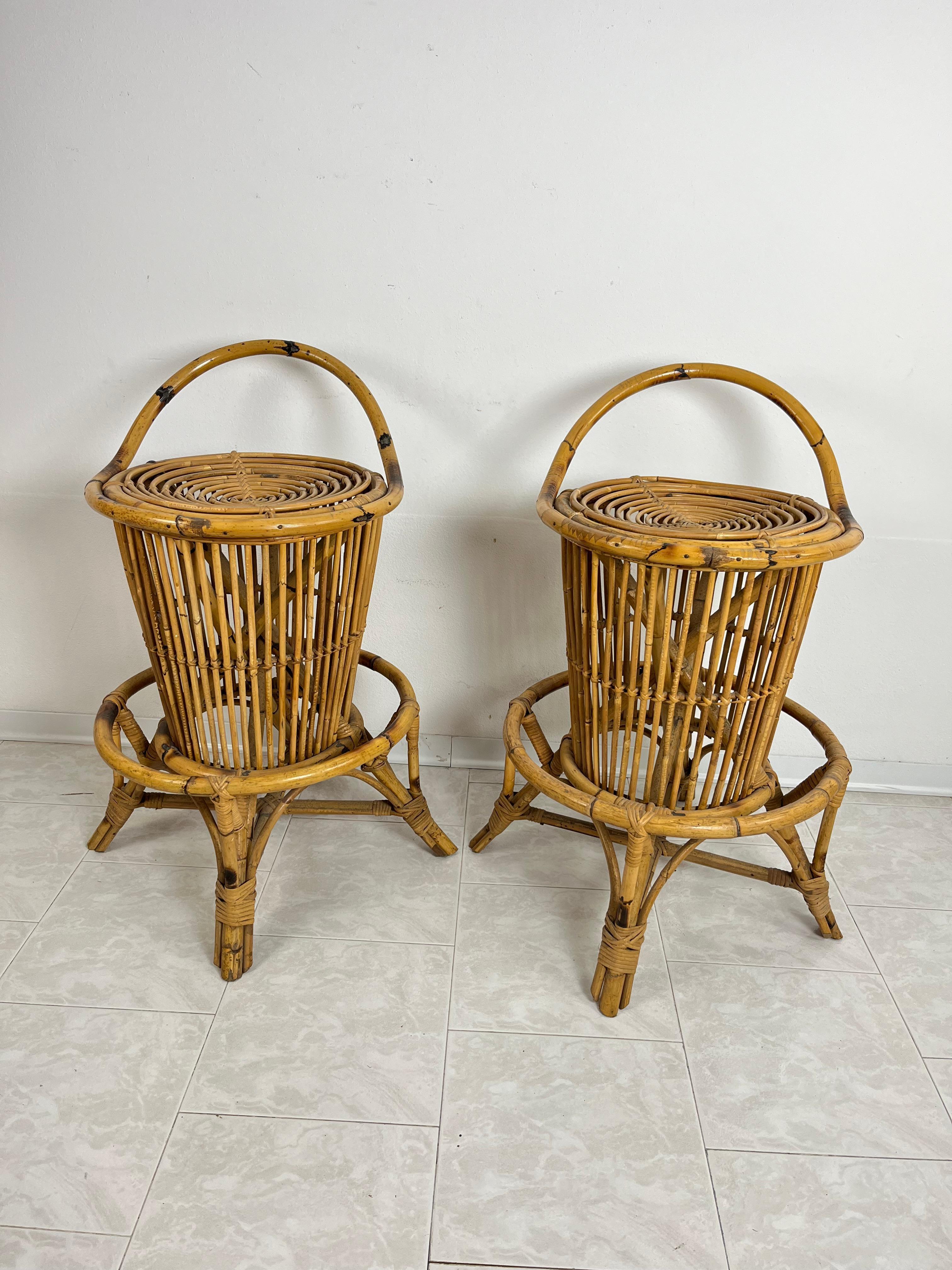 Bamboo and Wicker Bar Cabinet With Stools Attributed to Tito Agnoli, 1950s 3 Pcs For Sale 6