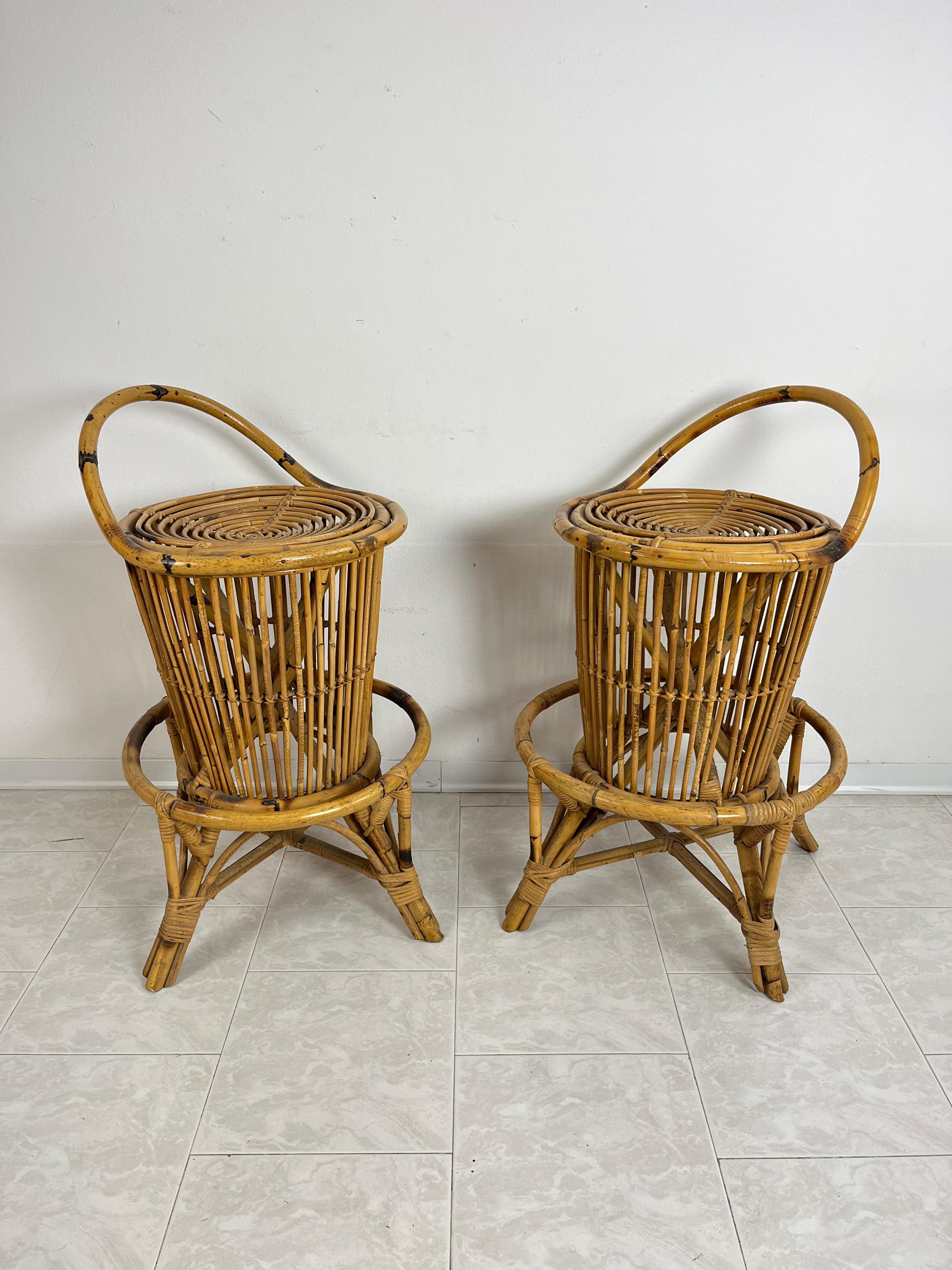 Bamboo and Wicker Bar Cabinet With Stools Attributed to Tito Agnoli, 1950s 3 Pcs For Sale 7