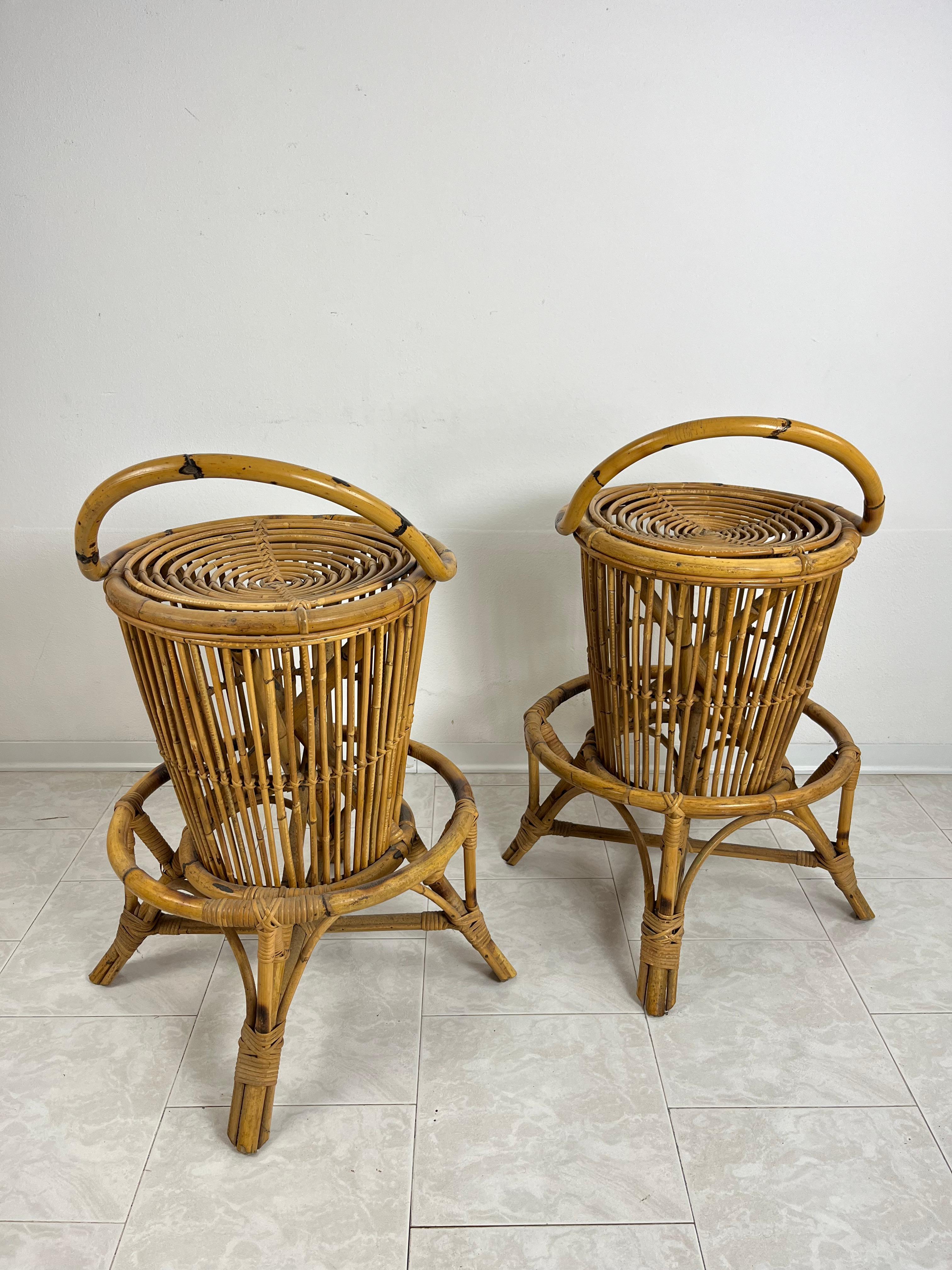 Bamboo and Wicker Bar Cabinet With Stools Attributed to Tito Agnoli, 1950s 3 Pcs For Sale 8