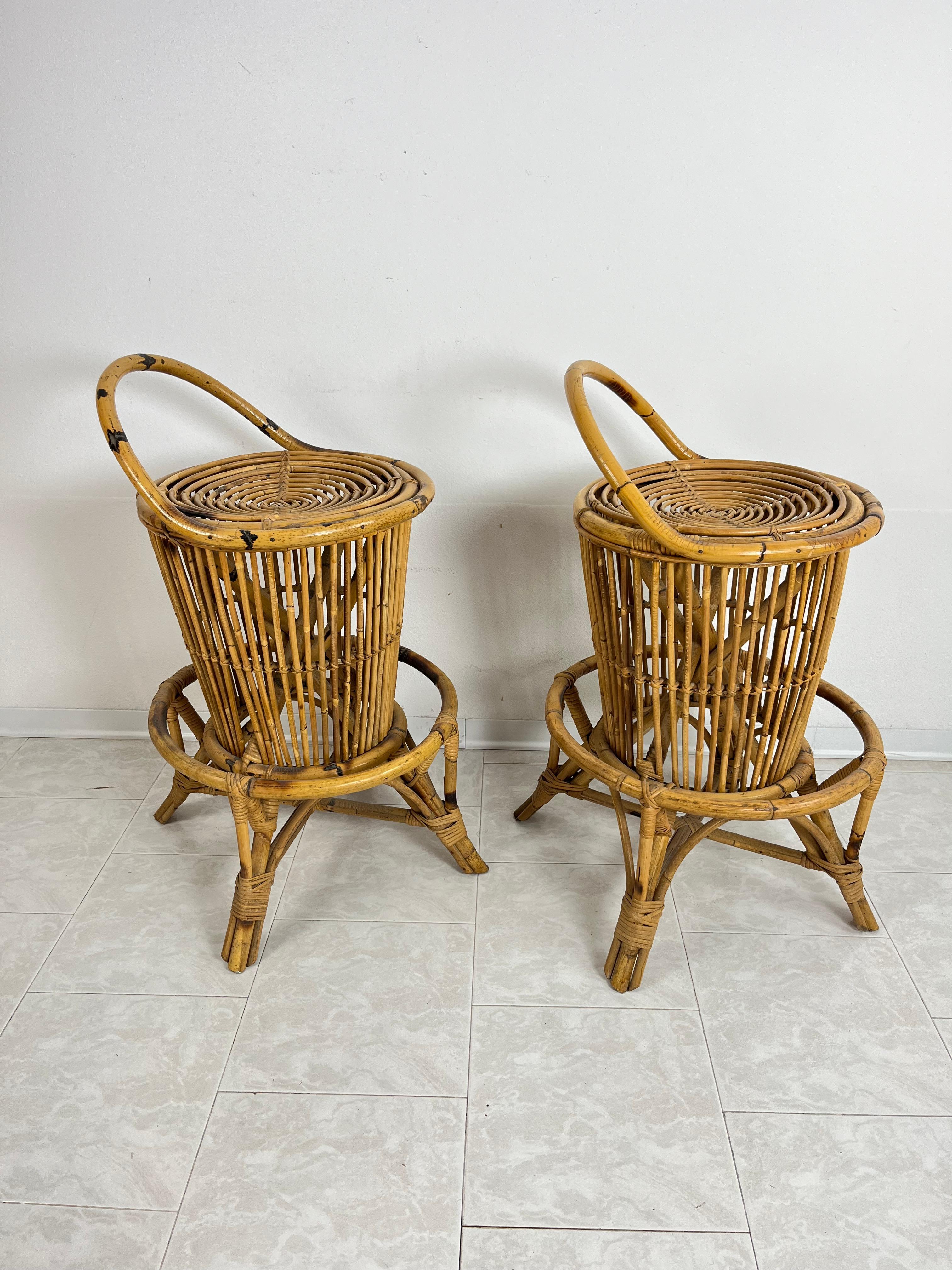 Bamboo and Wicker Bar Cabinet With Stools Attributed to Tito Agnoli, 1950s 3 Pcs For Sale 9