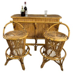 Bamboo and Wicker Bar Cabinet With Stools Attributed to Tito Agnoli, 1950s 3 Pcs