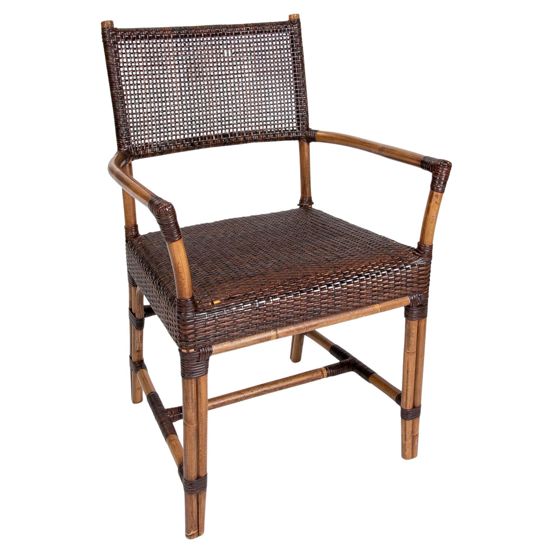 Bamboo and Wicker Chair with Armrests in Brown Tones 