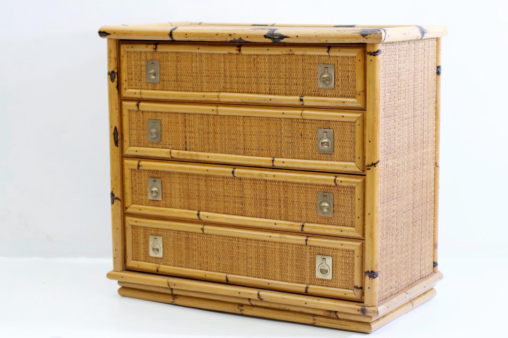 Bamboo and wicker credenza from Italian maker, Dal Vera. Elegant piece with four spacious drawers and smart brass fittings. In very nice condition and of high quality production.