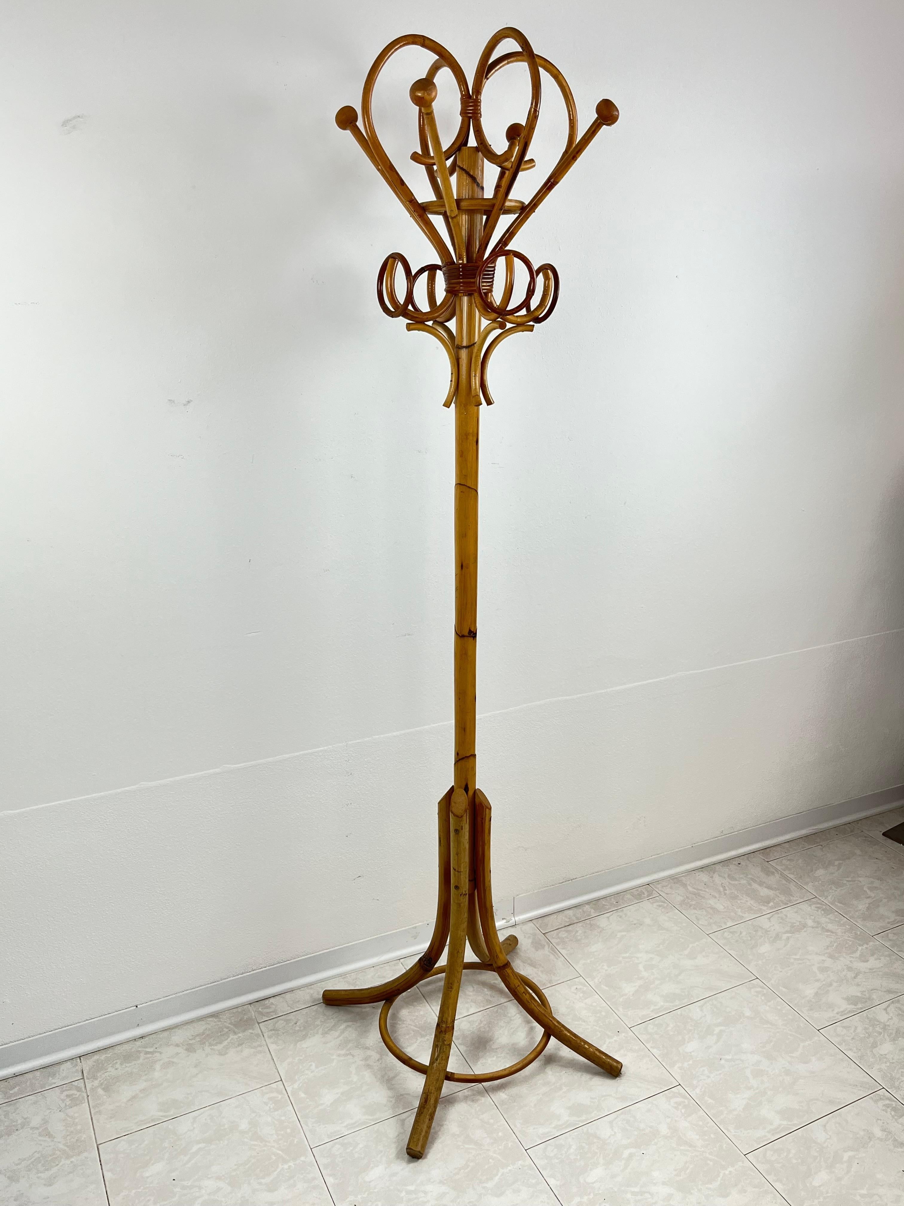 Late 20th Century Bamboo and Wicker Coat Rack, Italy, 1970s For Sale