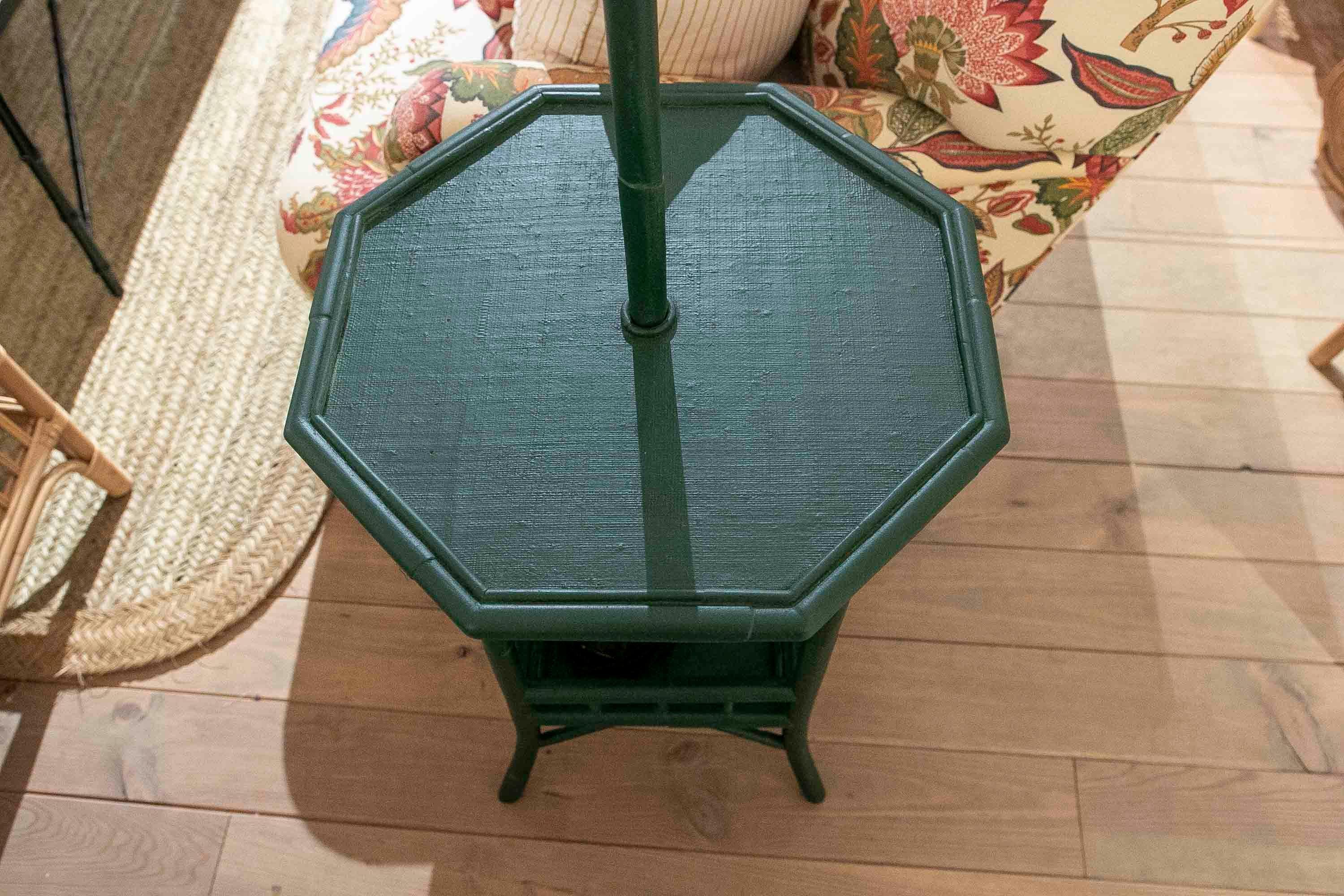 Bamboo and Wicker Floor Lamp with Three Shelves Painted in Green Tones 10