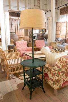 Bamboo and Wicker Floor Lamp with Three Shelves Painted in Green Tones