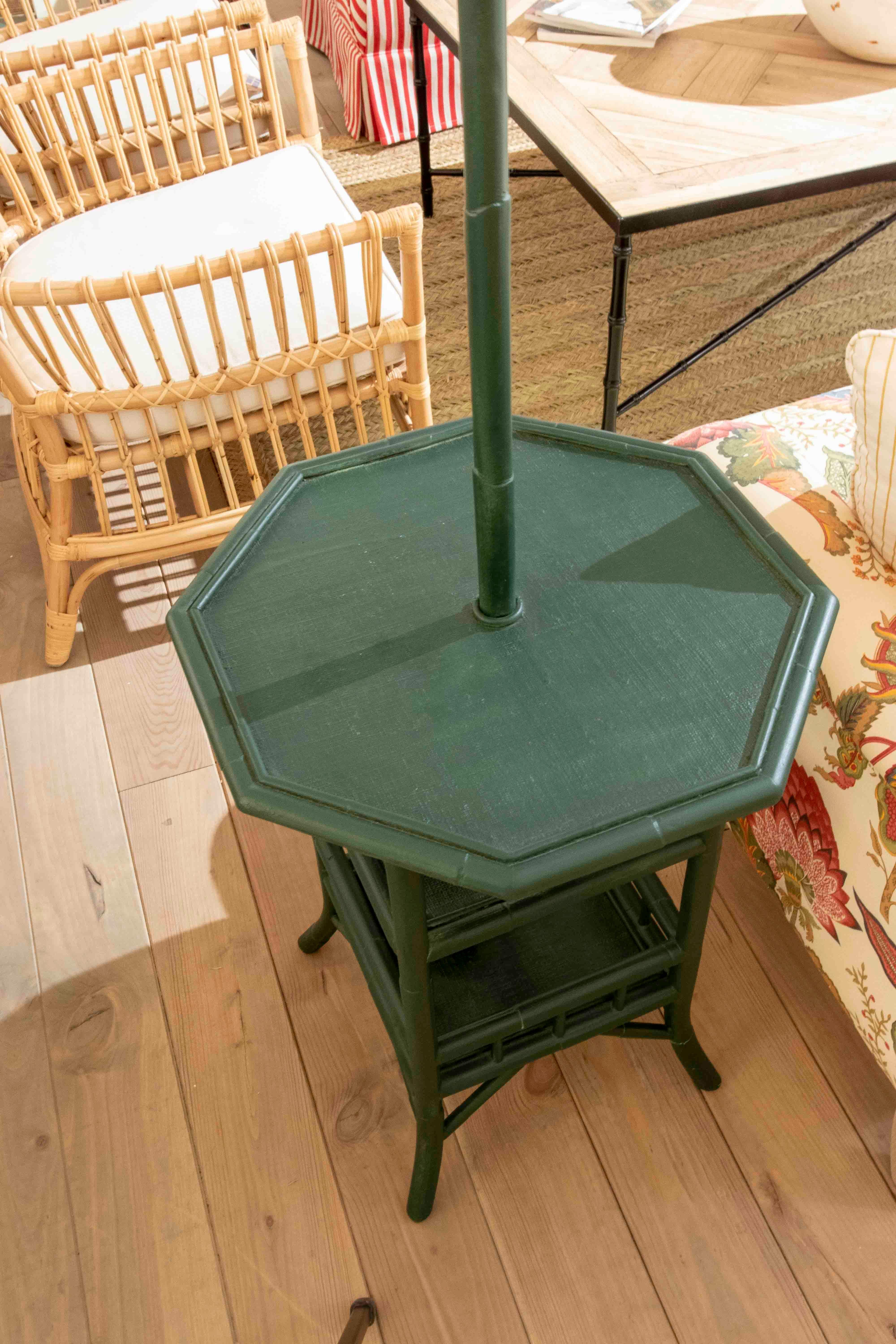 Bamboo and Wicker Floor Lamp with Three Shelves Painted in Green Tones 1