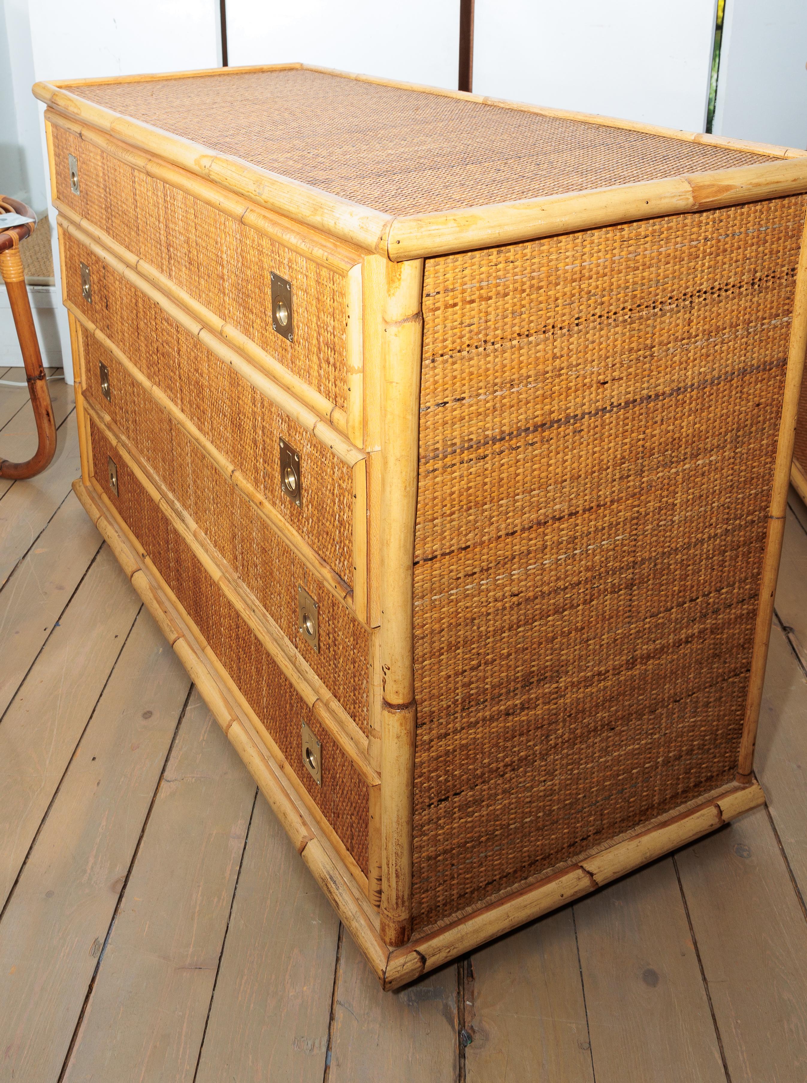 Italian Bamboo and Wicker Four Drawer Chest with Brass Hardware For Sale