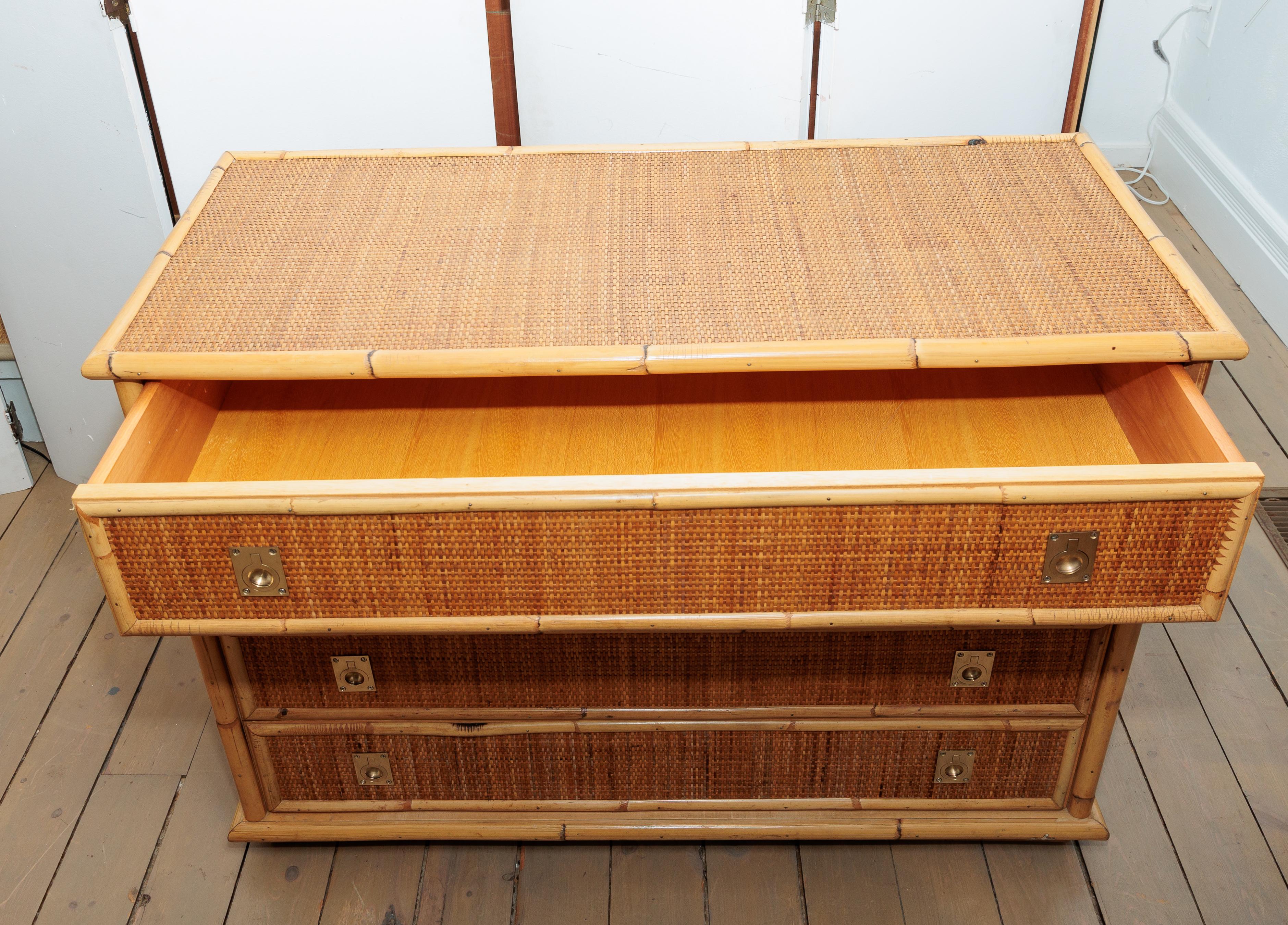 Bamboo and Wicker Four Drawer Chest with Brass Hardware In Good Condition For Sale In Bridgehampton, NY