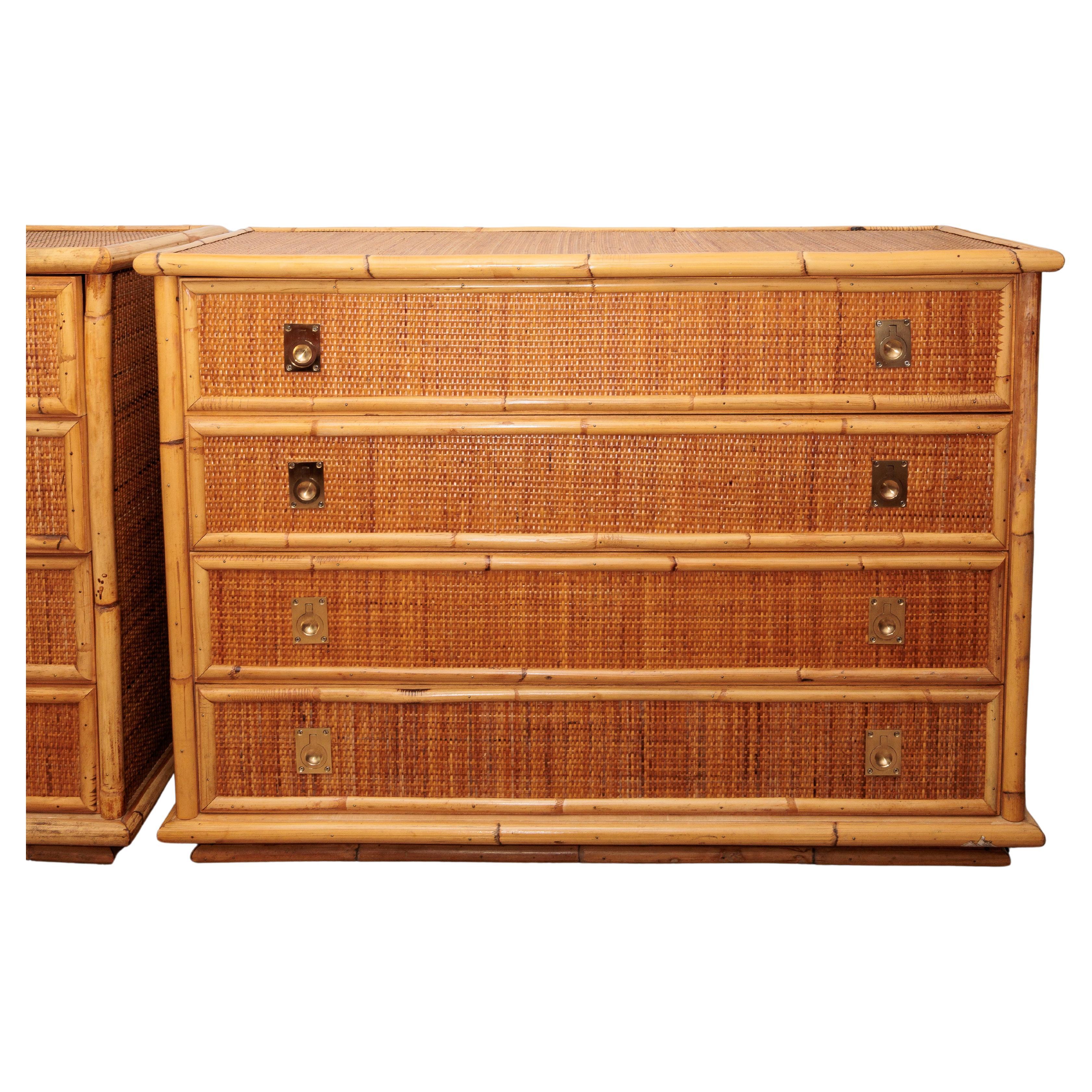 Bamboo and Wicker Four Drawer Chest with Brass Hardware For Sale